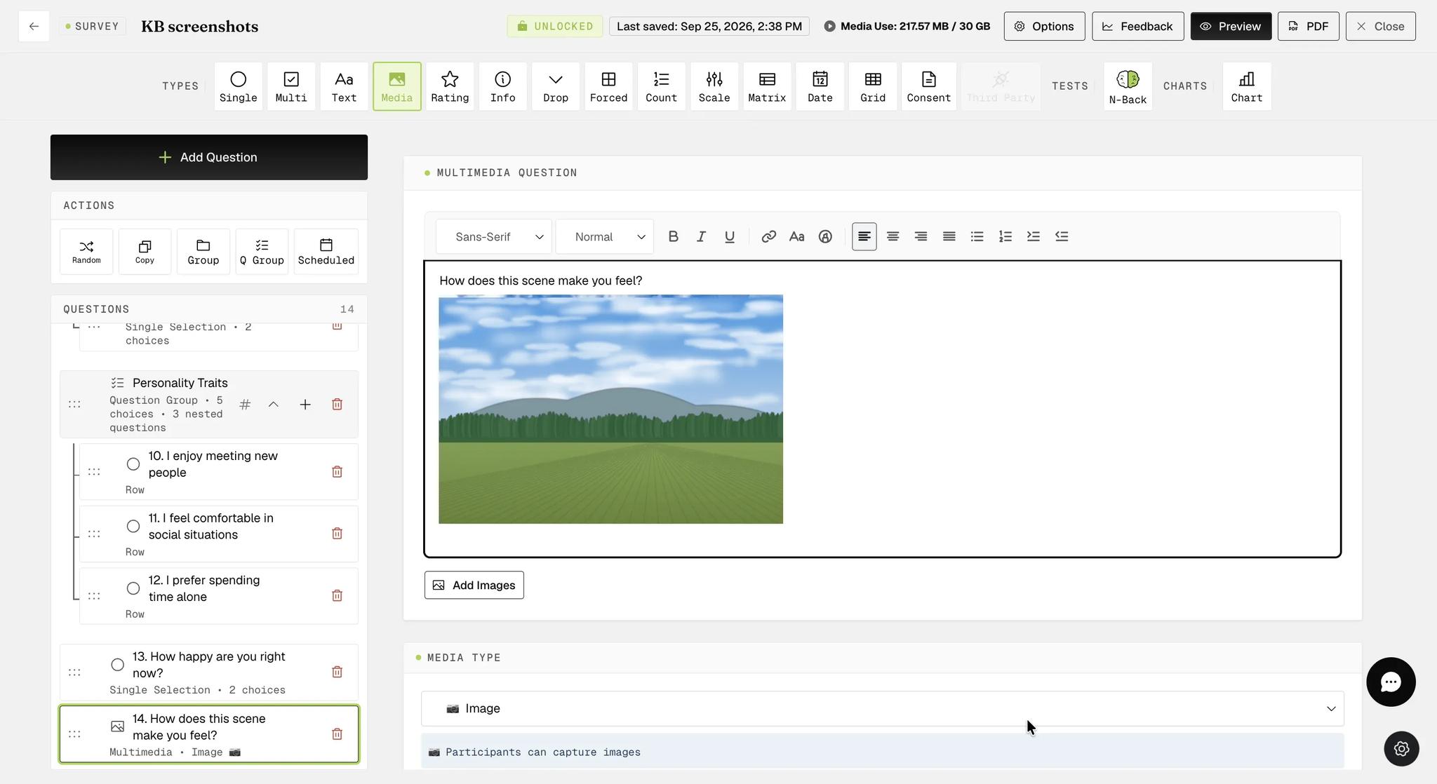 A Multimedia question titled How does this scene make you feel? with a landscape image embedded inline in the question text area