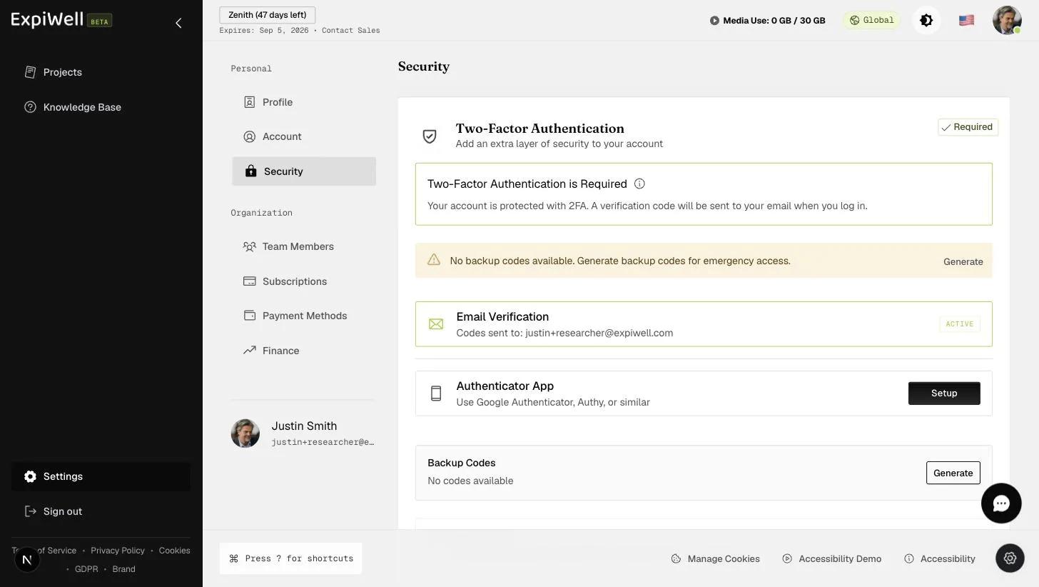 The Security settings page showing two-factor authentication status, email verification, backup-code generation, and authenticator-app setup