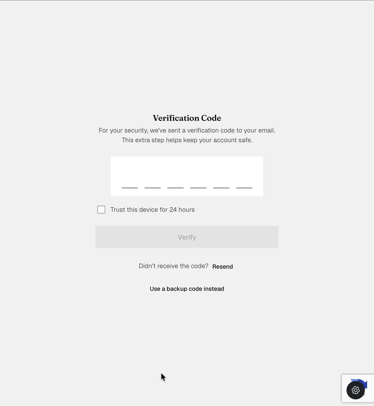 The Verification Code pane at sign-in: a six-digit code field, a checkbox to trust the device for 24 hours, a disabled Verify button, a Resend link, and an option to use a backup code instead