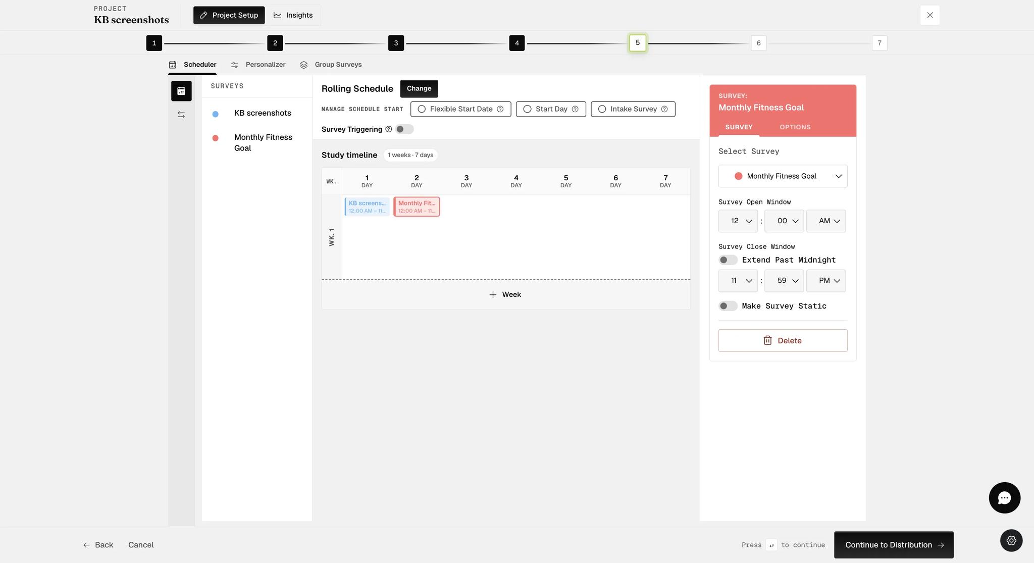 A Rolling schedule with two surveys placed on the study timeline and the Survey Triggering toggle switched off