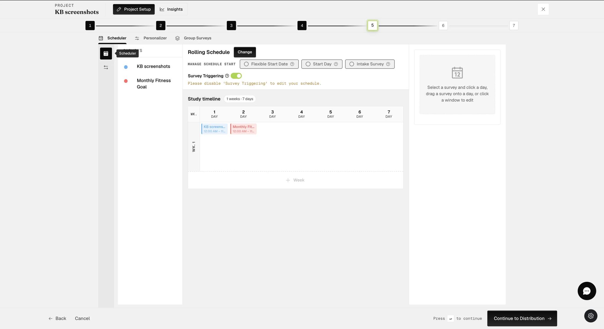 The Rolling scheduler with Survey Triggering switched on, showing a notice that triggering must be disabled before the schedule can be edited