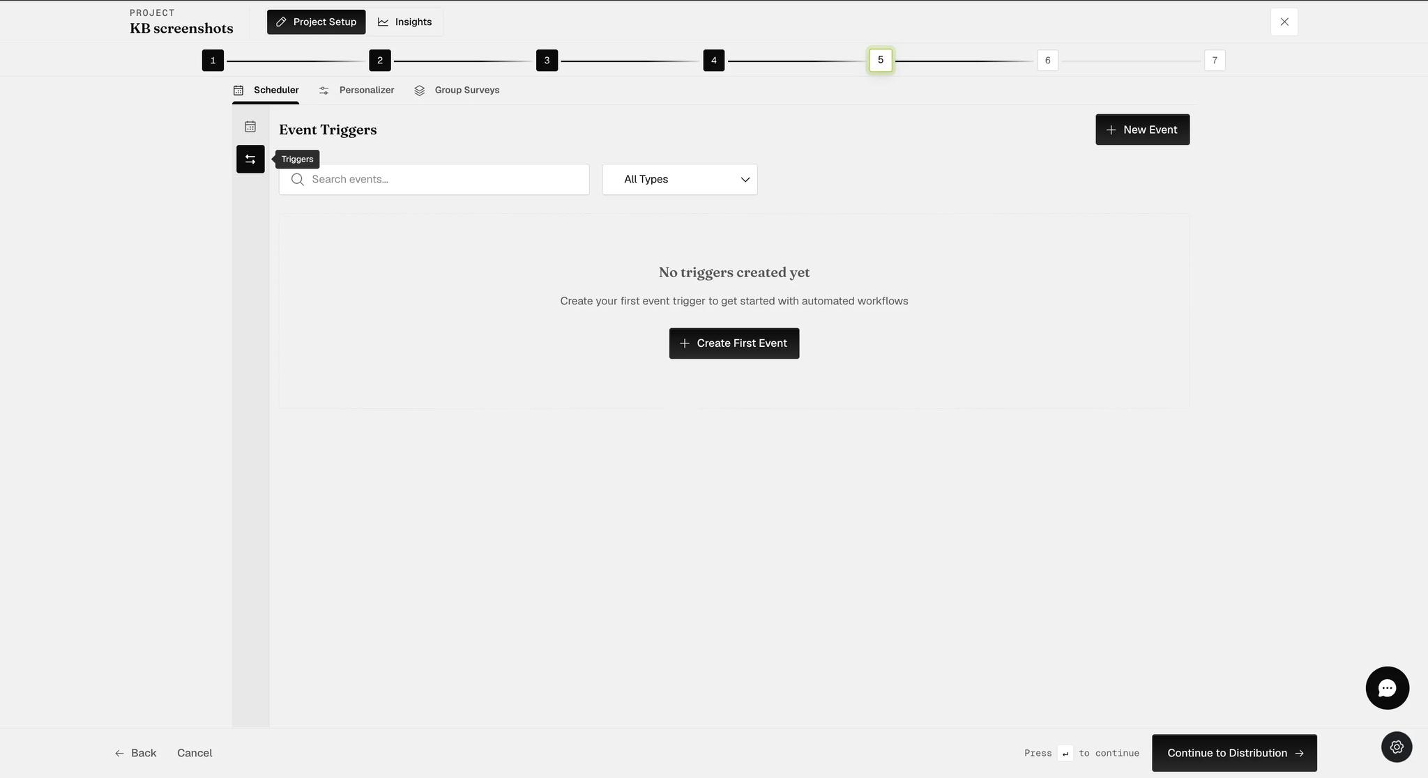 The Event Triggers view with a search box, a type filter and a New Event button, empty, explaining that no triggers have been created yet above a Create First Event button