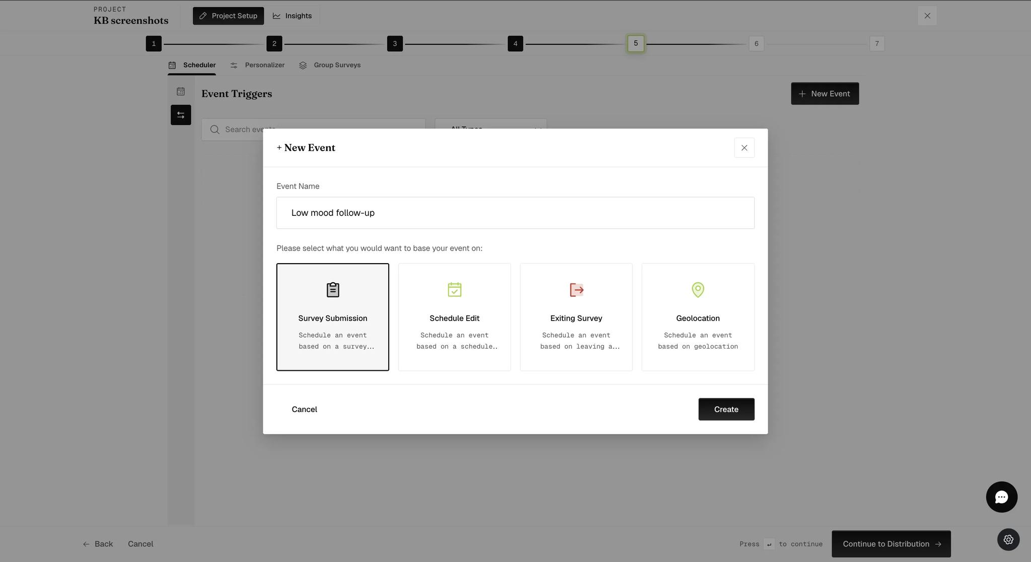 A New Event dialog with the event name filled in as Low mood follow-up, above four options to base the event on — Survey Submission, Schedule Edit, Exiting Survey and Geolocation — each with a line describing it