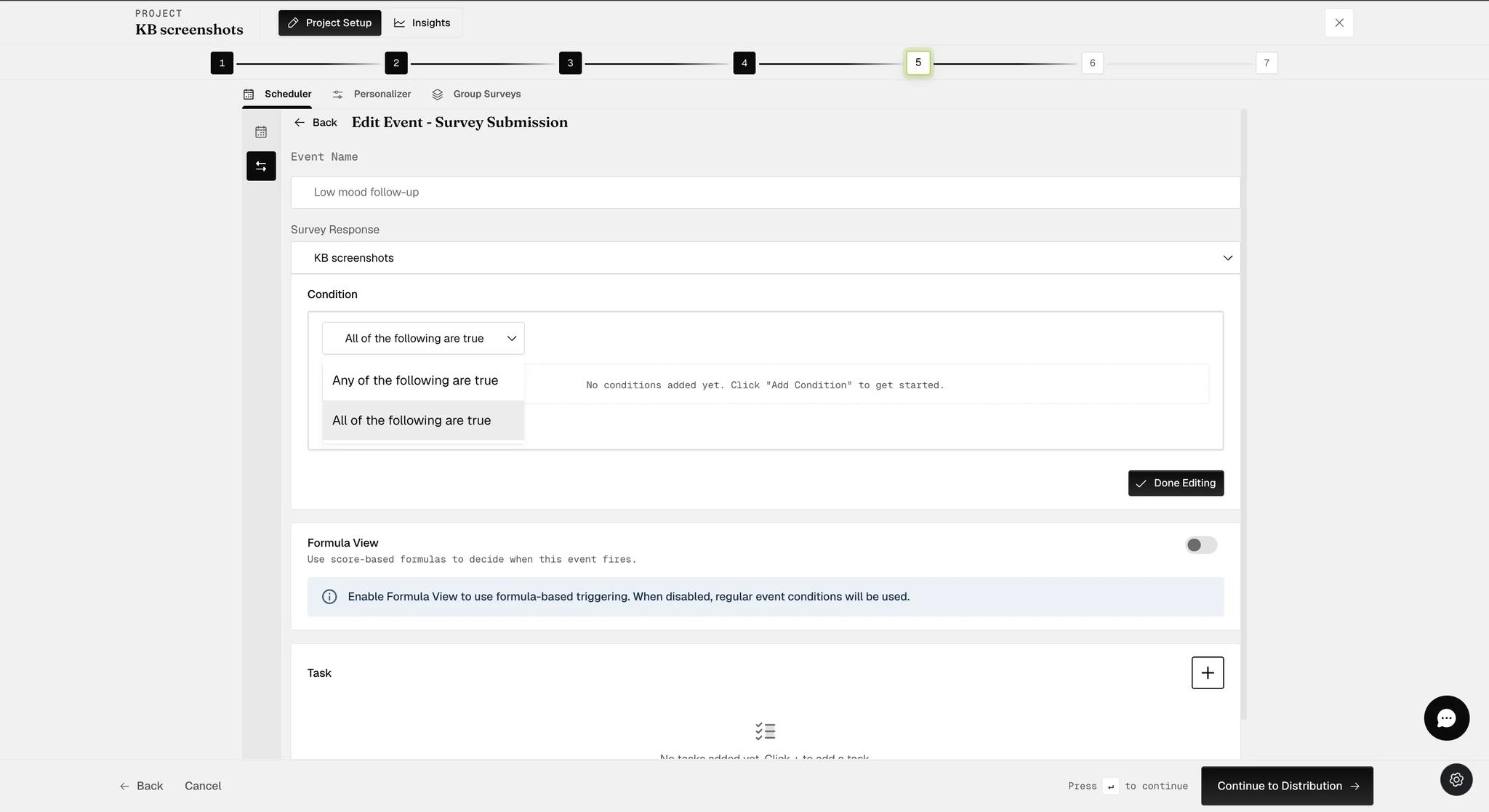 The Edit Event screen for a Survey Submission event, with the event name, a Survey Response picker, a Condition section whose match logic can require all or any of the conditions to be true, a Formula View toggle for score-based triggering, and a Task section below