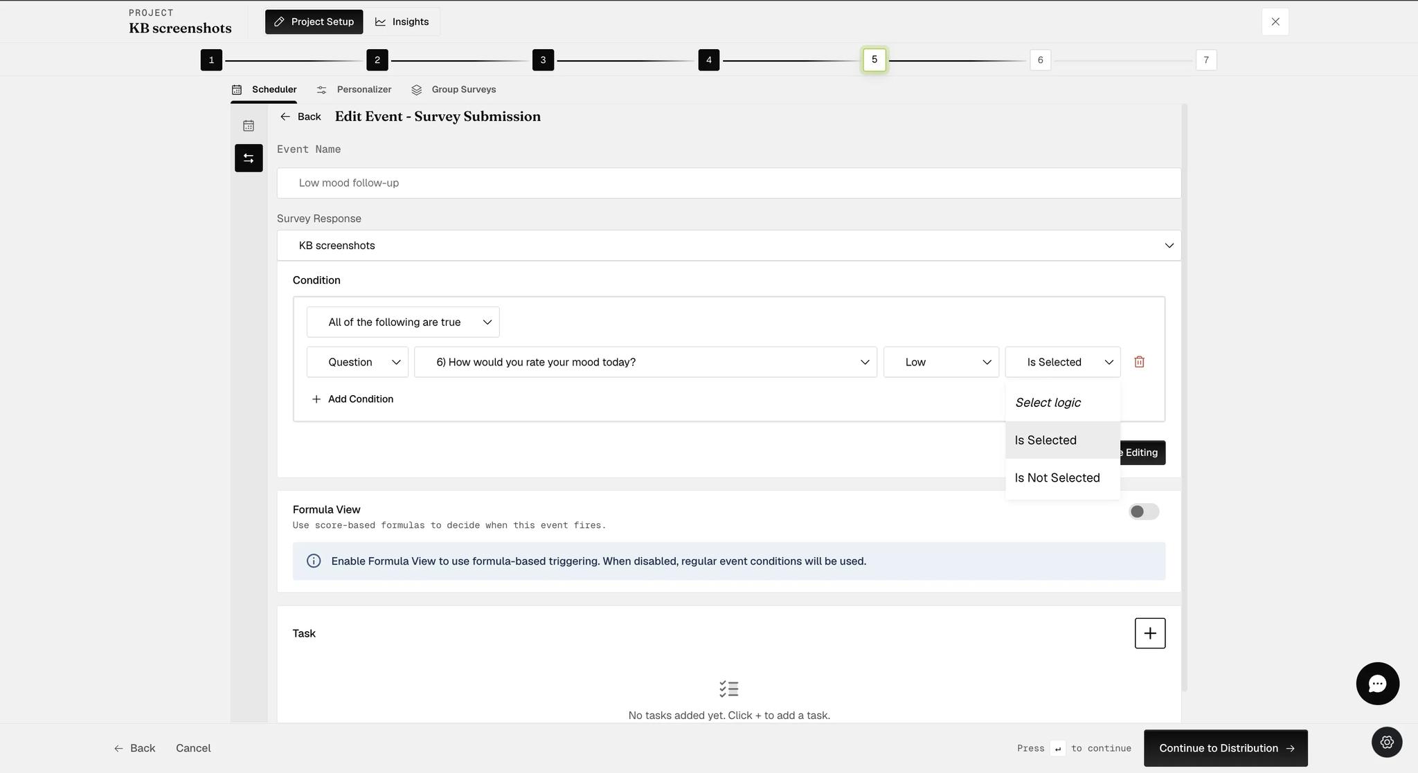 A condition under construction: a question picked from the survey, a choice picked from its answers, and a logic dropdown open on Is Selected and Is Not Selected