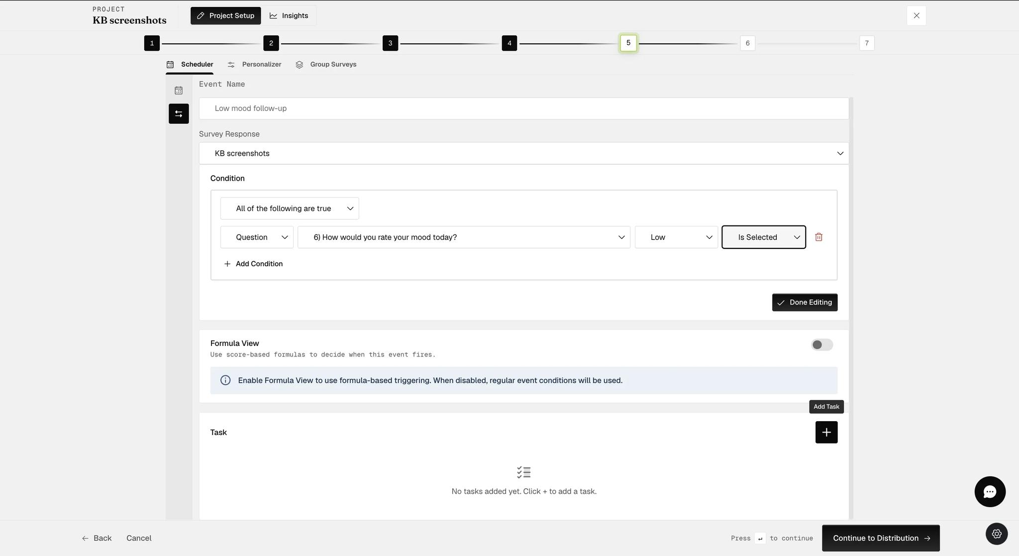 A completed condition reading question, choice and Is Selected, above a Task section reporting that no tasks have been added yet