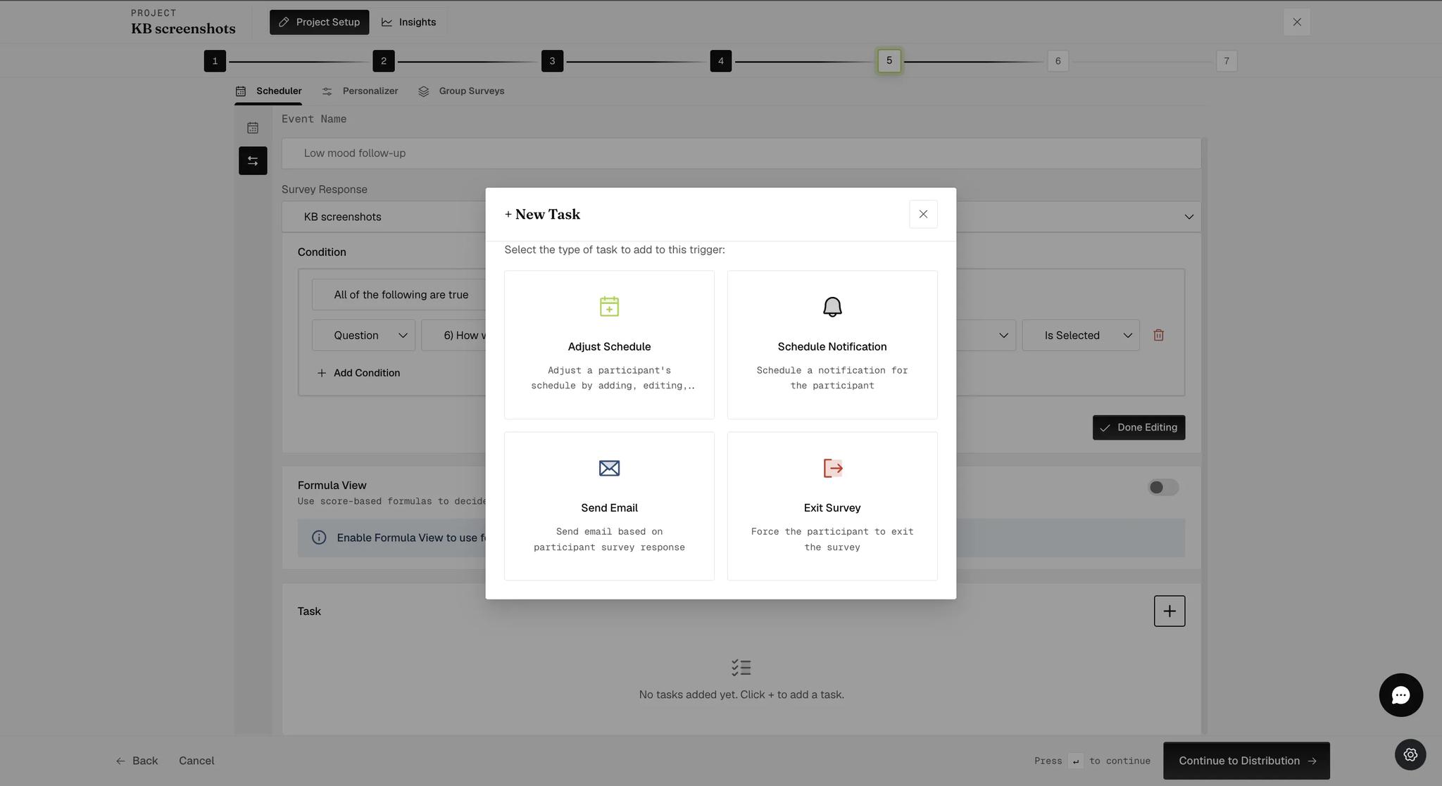 A New Task pop-up asking which type of task to add, offering Adjust Schedule, Schedule Notification, Send Email and Exit Survey, each with a line describing it