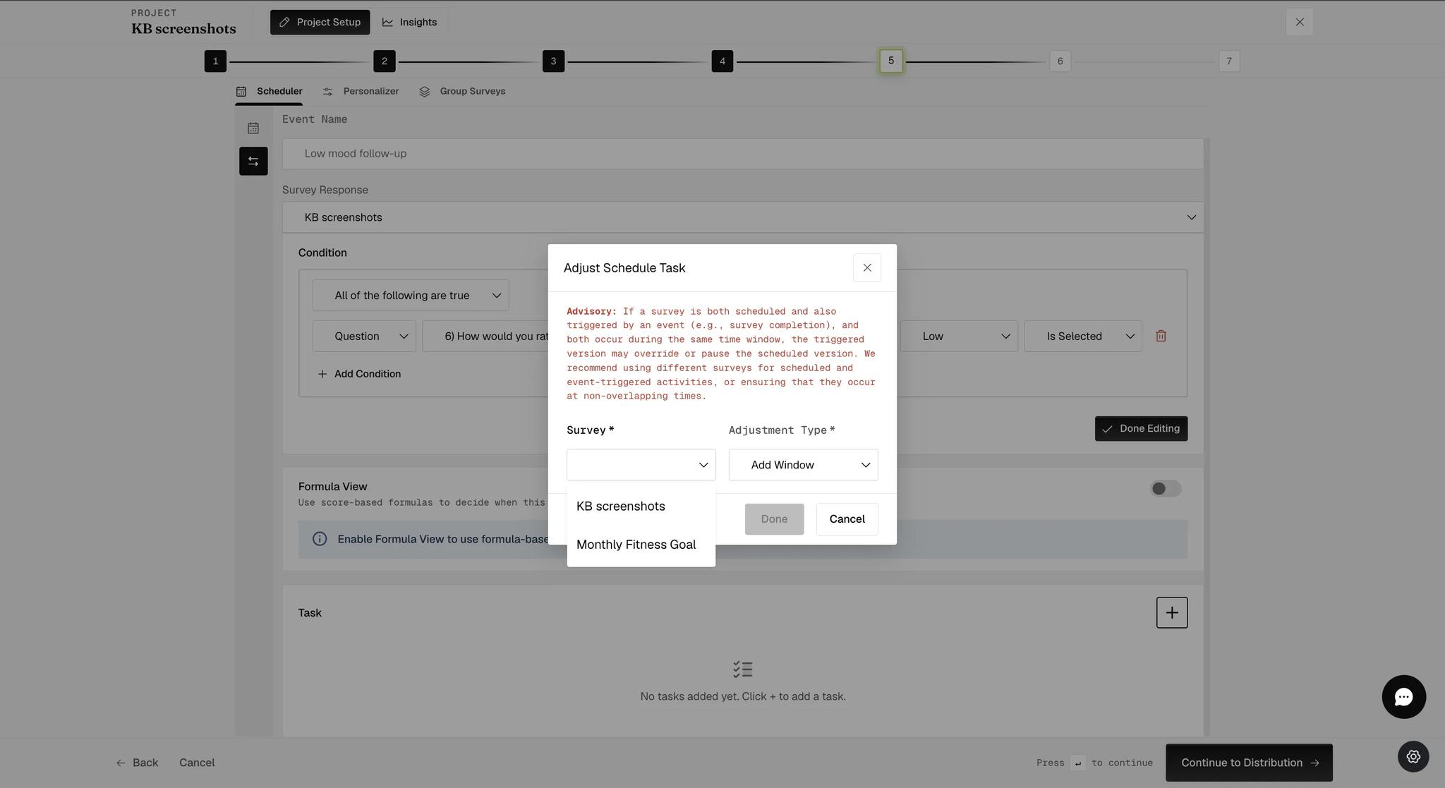 An Adjust Schedule Task dialog with its Survey dropdown open, listing the project's two surveys with the field itself still empty and the Done button grayed out, beside an Adjustment Type already set to Add Window, under a red advisory about a survey being both scheduled and triggered in the same time window