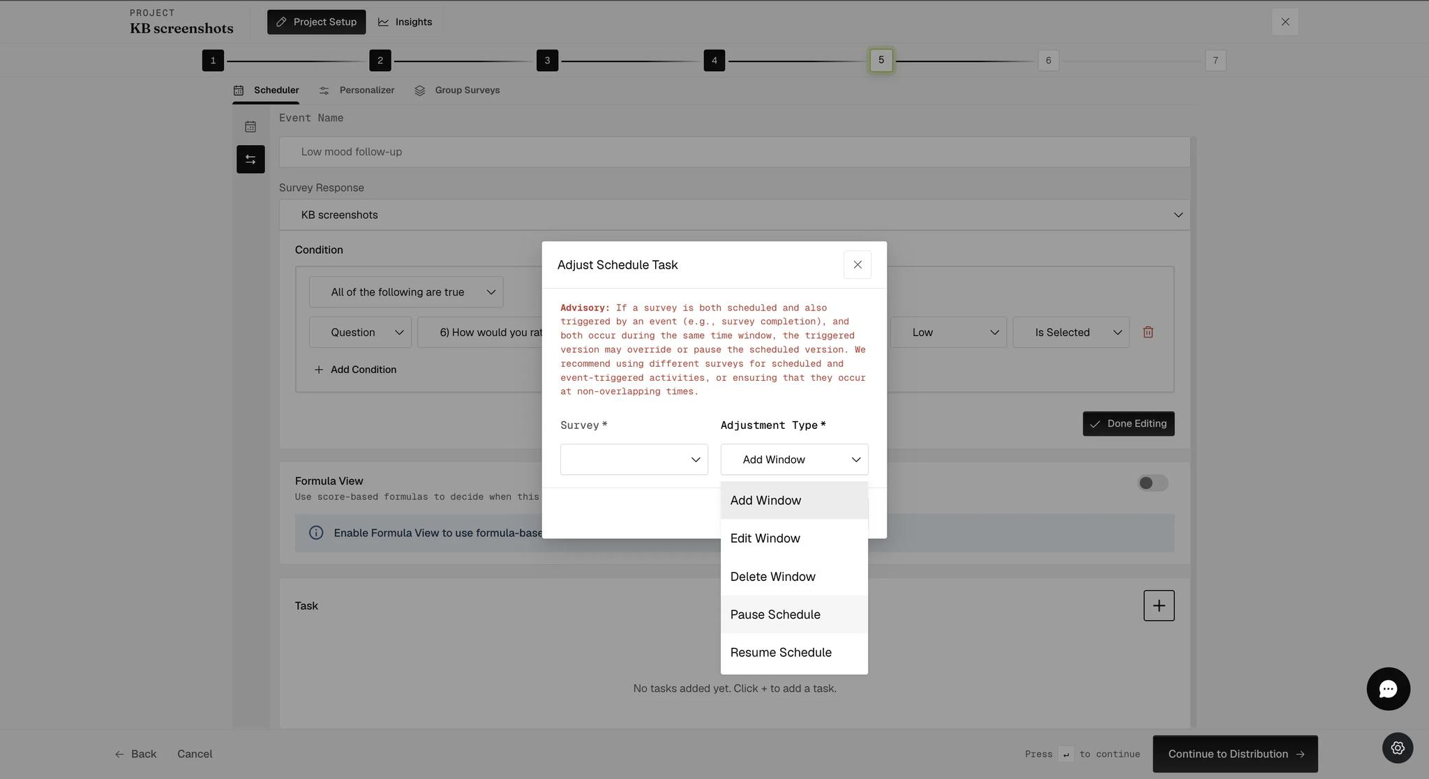 The Adjustment Type dropdown open on an Adjust Schedule task, listing Add Window, Edit Window, Delete Window, Pause Schedule and Resume Schedule