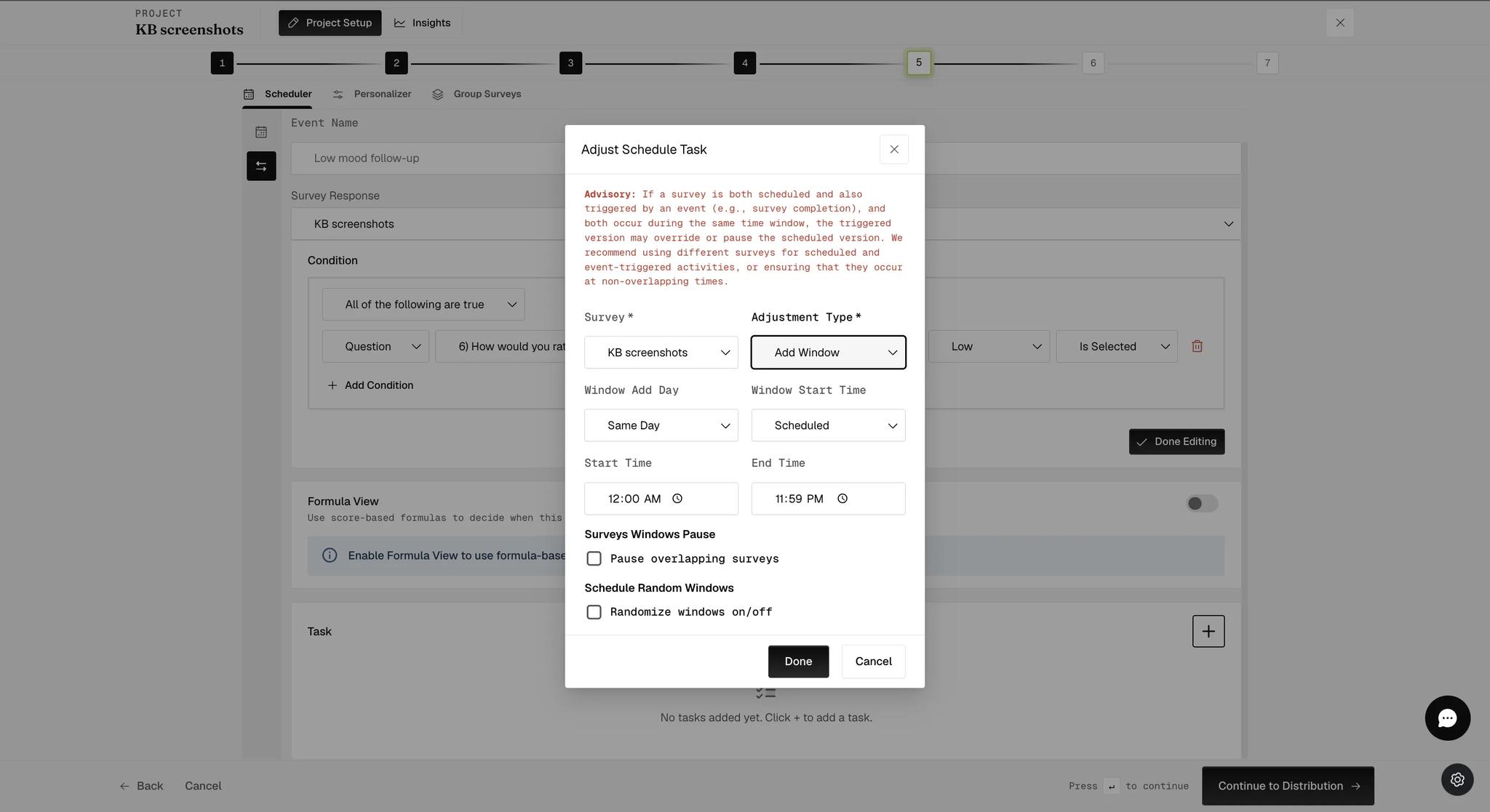 An Adjust Schedule task set to Add Window, with the day, the start and end times, and Pause overlapping surveys and Schedule Random Windows checkboxes beneath them