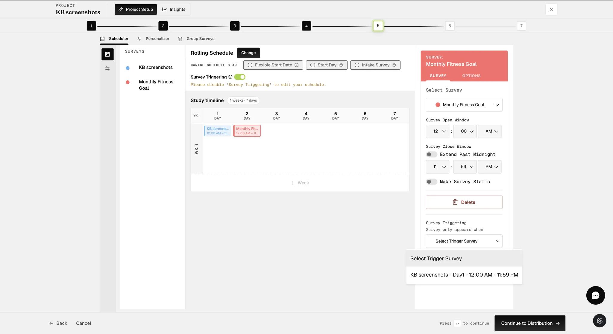 A placed window's SURVEY tab scrolled to its Survey Triggering section, where a Select Trigger Survey dropdown lists candidate surveys by name, day and window times