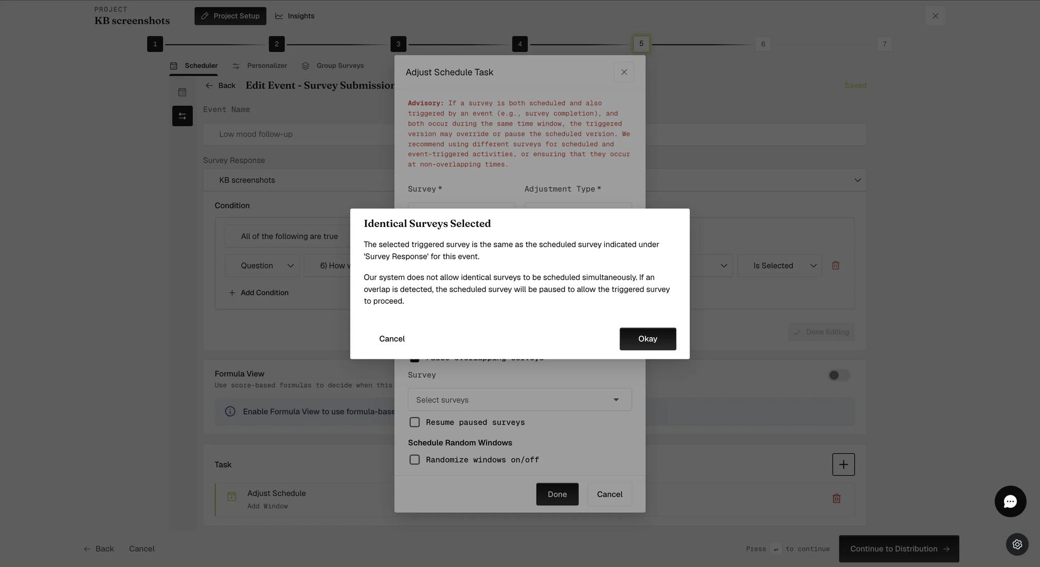 An Identical Surveys Selected warning explaining that the triggered survey matches the one under Survey Response, that identical surveys cannot be scheduled simultaneously, and that an overlap pauses the scheduled survey so the triggered one can run