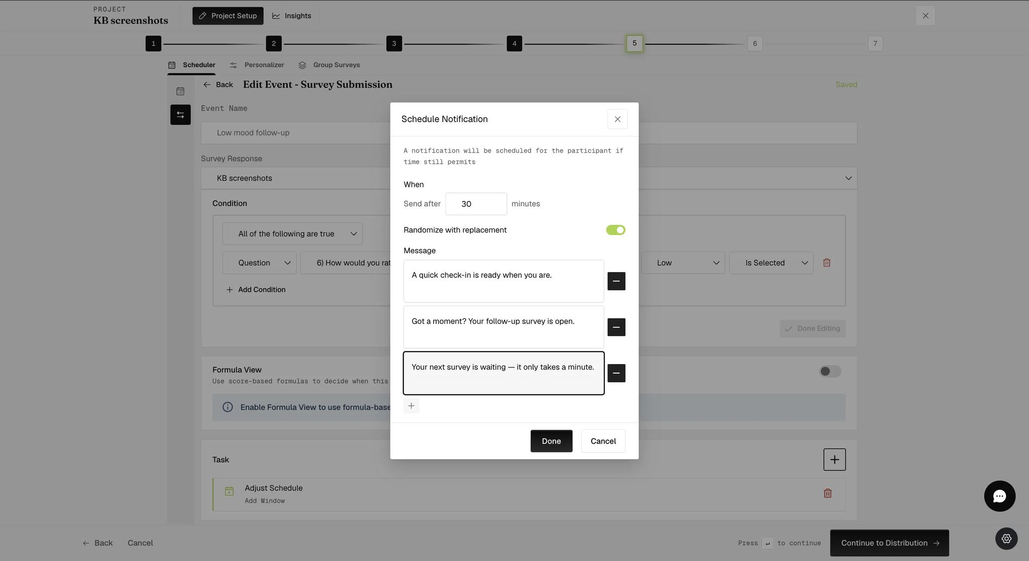 A Schedule Notification modal with a thirty-minute send-after delay, Randomize with replacement switched on, and three differently worded messages listed under Message with a plus button to add more