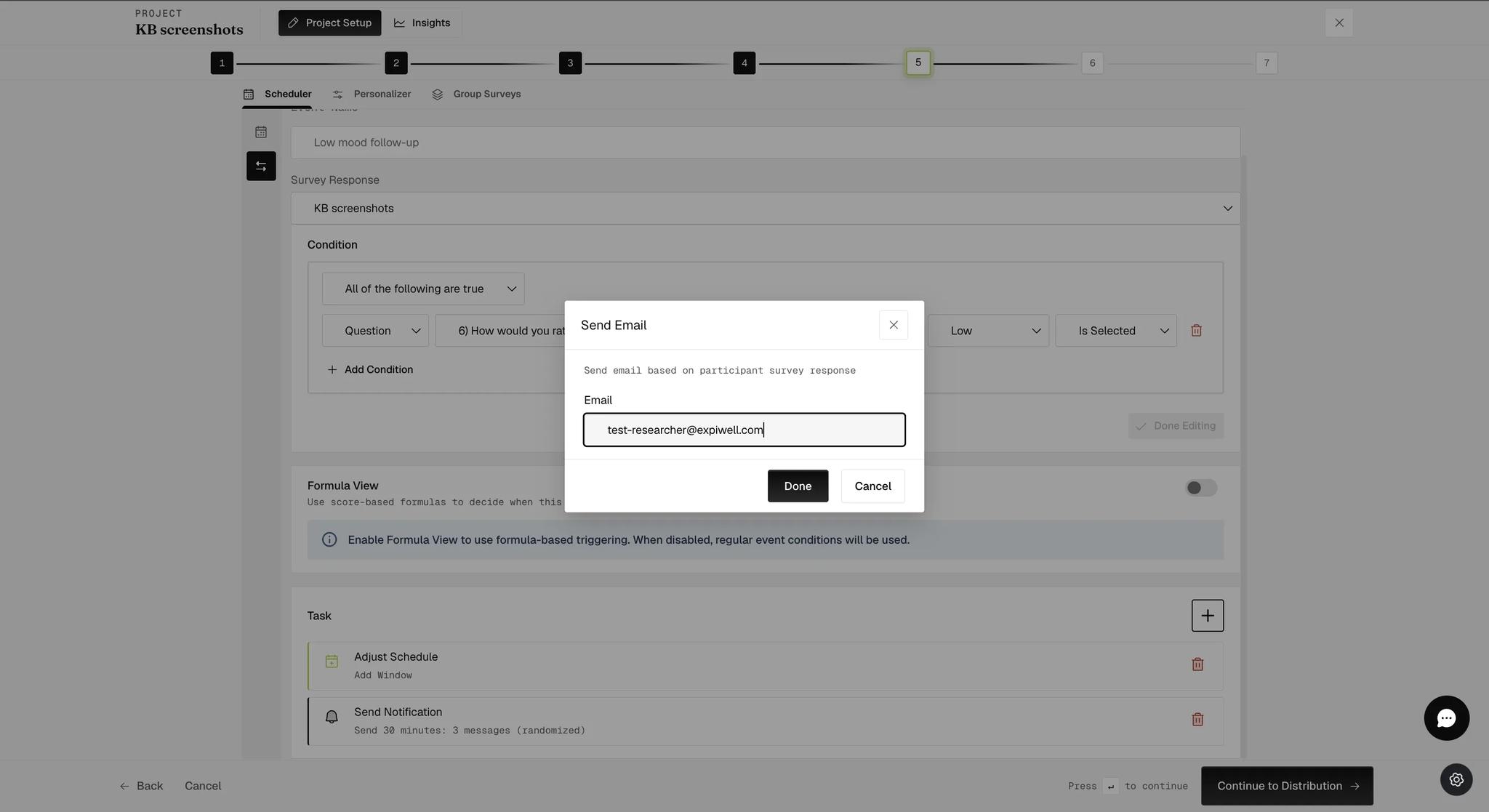 A Send Email modal described as sending email based on a participant survey response, with a single Email field holding a researcher's address, above Done and Cancel