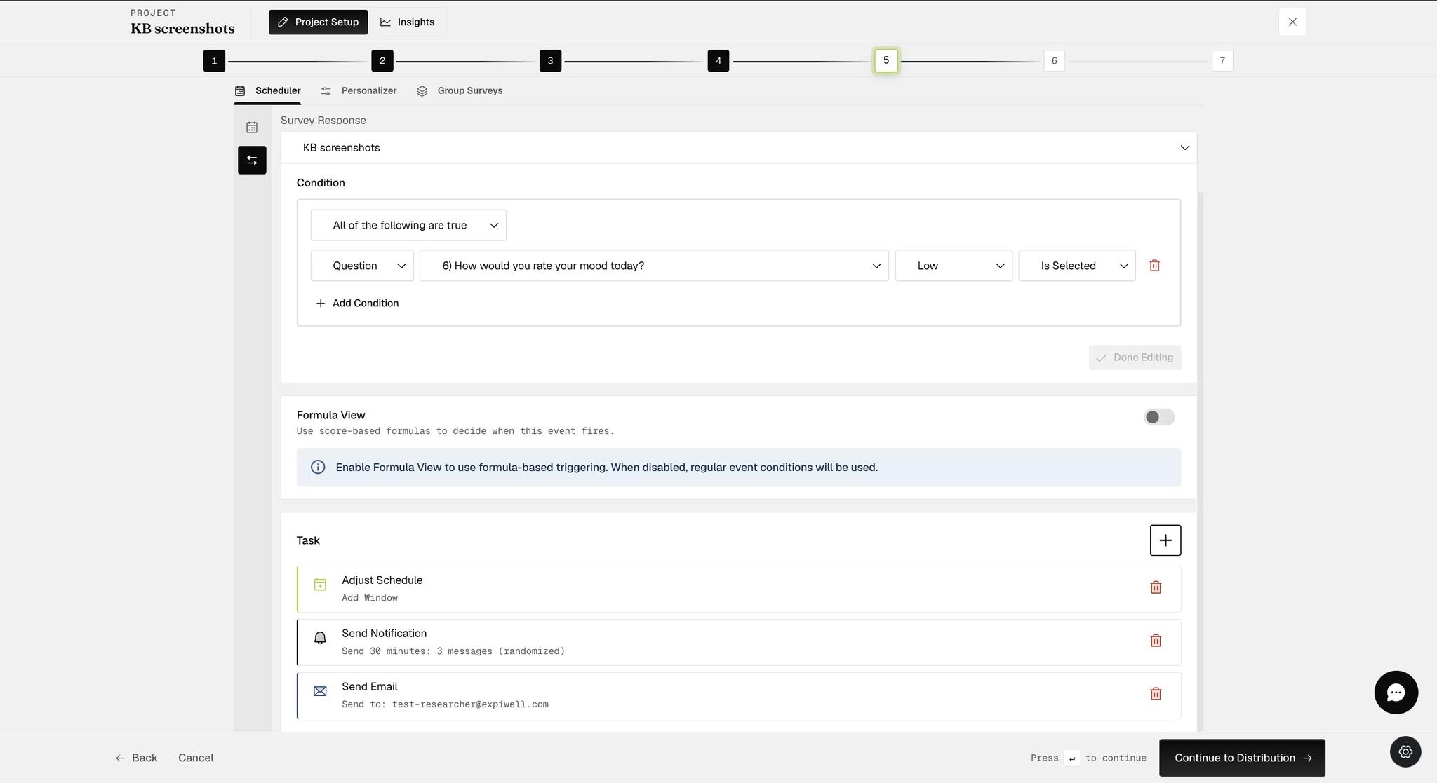 A finished event showing its condition and three tasks beneath it — an Adjust Schedule, a notification summarized as three randomized messages, and an email addressed to a researcher
