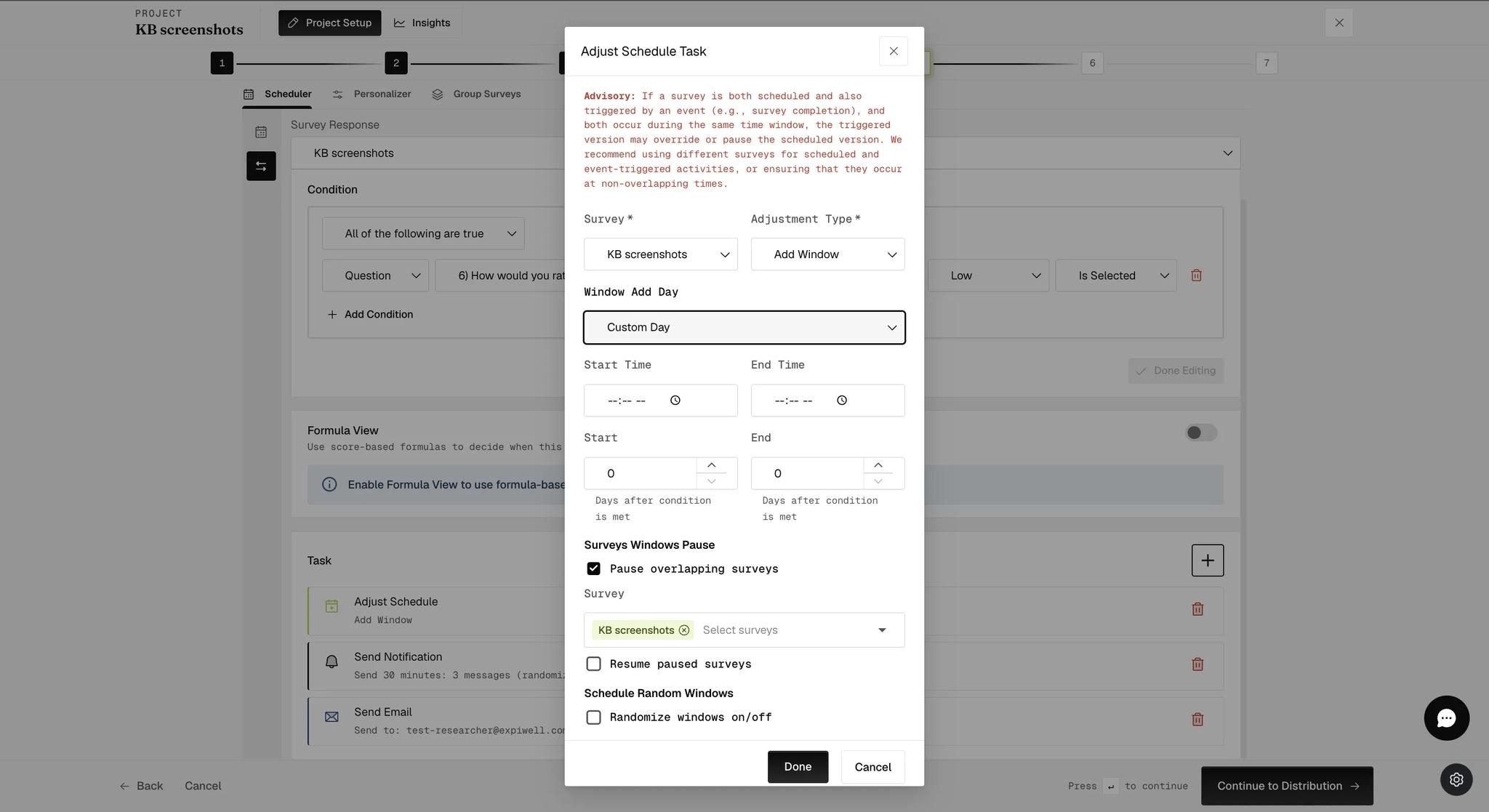 An Adjust Schedule task with Window Add Day set to Custom Day, revealing two steppers both labeled days after condition is met, which set the first and last day of the run