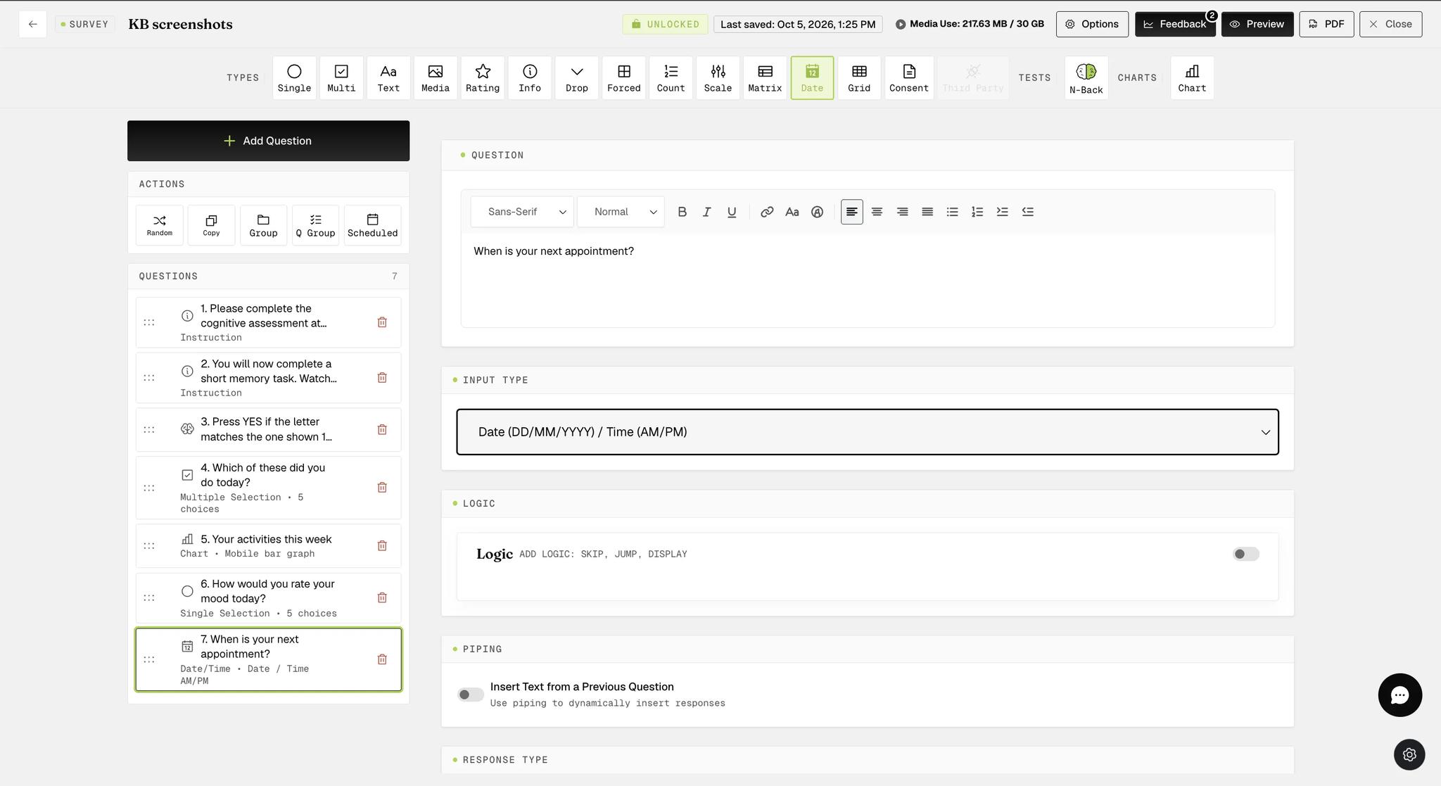 A Date question in the survey builder with its Input Type set to a date and time format, above the logic, piping and response type sections