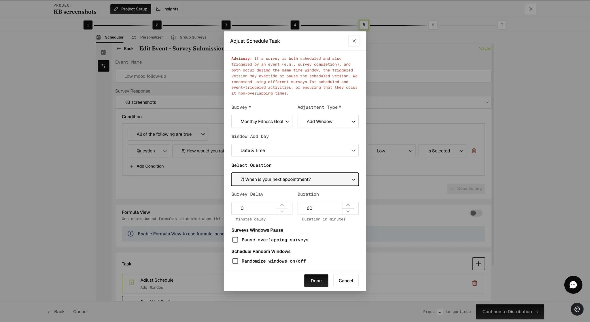 An Adjust Schedule task with Window Add Day set to Date and Time, a Select Question dropdown holding the survey's date question, and Survey Delay and Duration fields beneath it