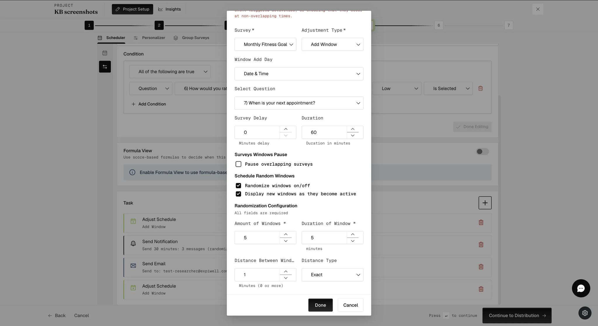 An Adjust Schedule task with Schedule Random Windows switched on, showing a Randomization Configuration with the amount of windows, the distance between them, the distance type and the duration of each