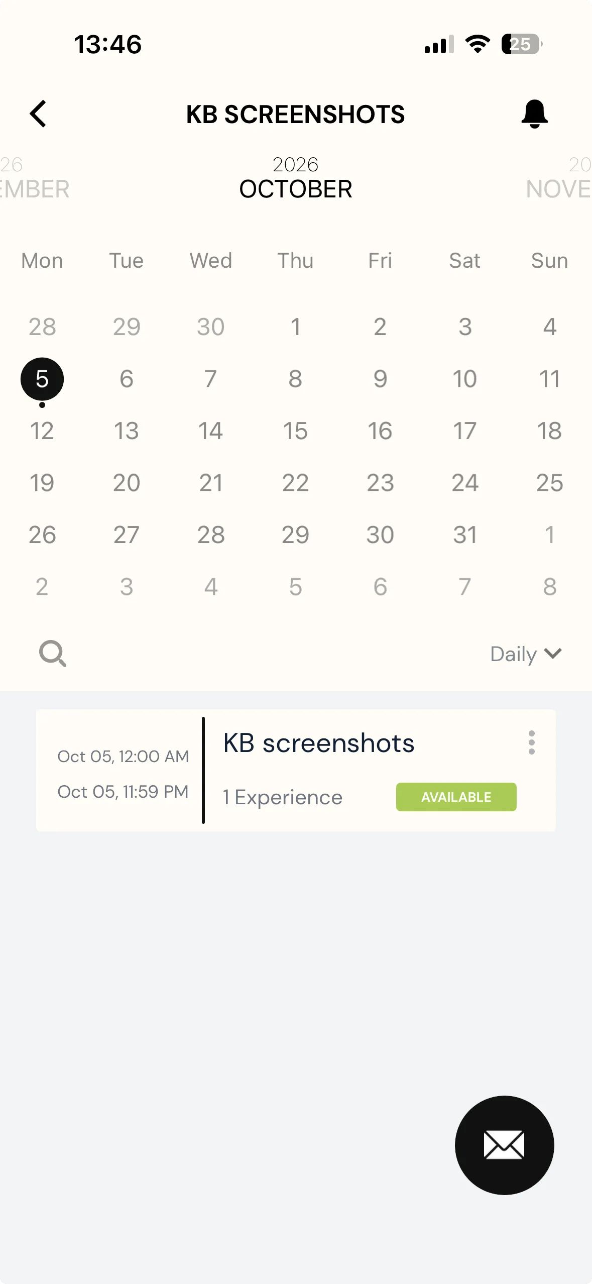The ExpiWell mobile app showing a study calendar with a single survey available for the day, marked AVAILABLE, and the triggered survey nowhere on it