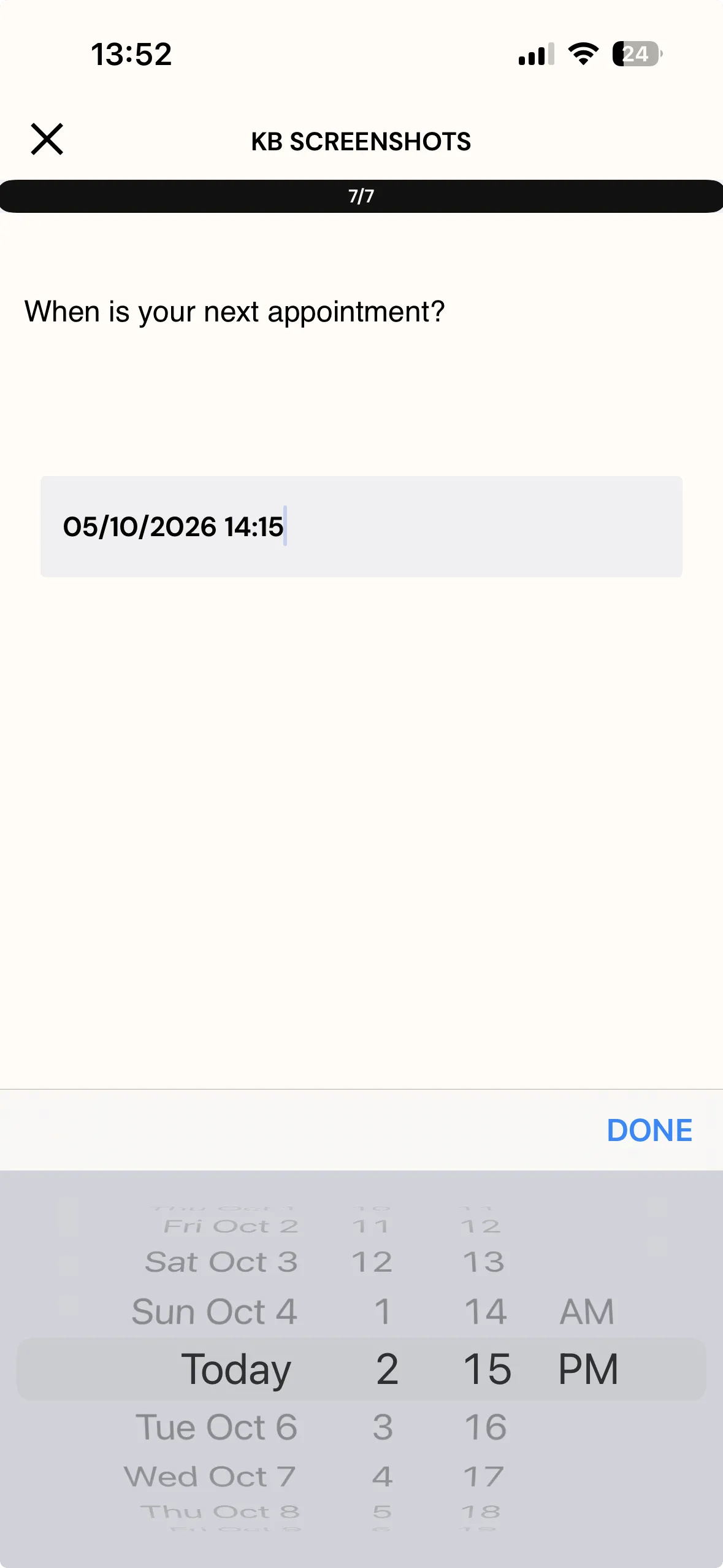 The ExpiWell mobile app showing the last question of a survey, asking when the participant's next appointment is, with a date and time picker open and an answer of 5 October 2026 at 2:15 PM chosen
