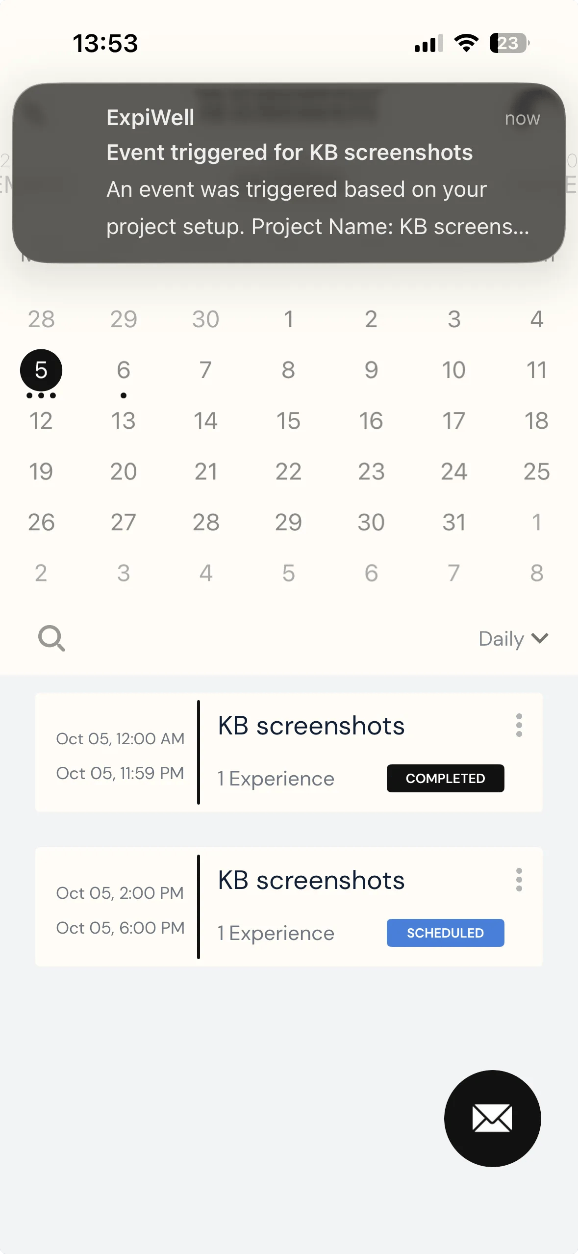 The same study calendar after the condition was met, with the day's survey now marked COMPLETED and a new two PM to six PM window added beneath it marked SCHEDULED, under a push notification reading that an event was triggered for the project