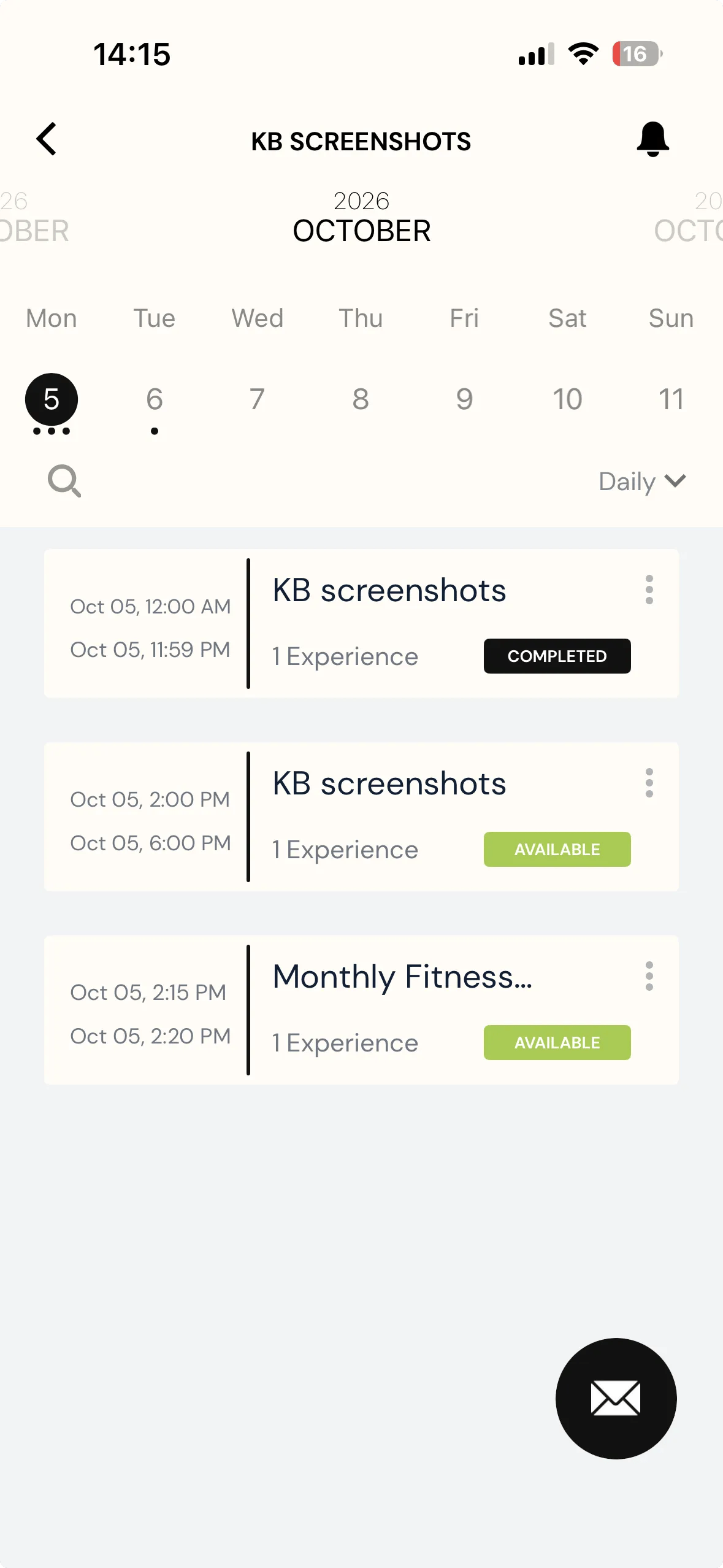 A study calendar listing three windows for the day: the completed all-day survey, an available two to six PM window, and beneath them a Monthly Fitness Goal window running from 2:15 PM to 2:20 PM, also available