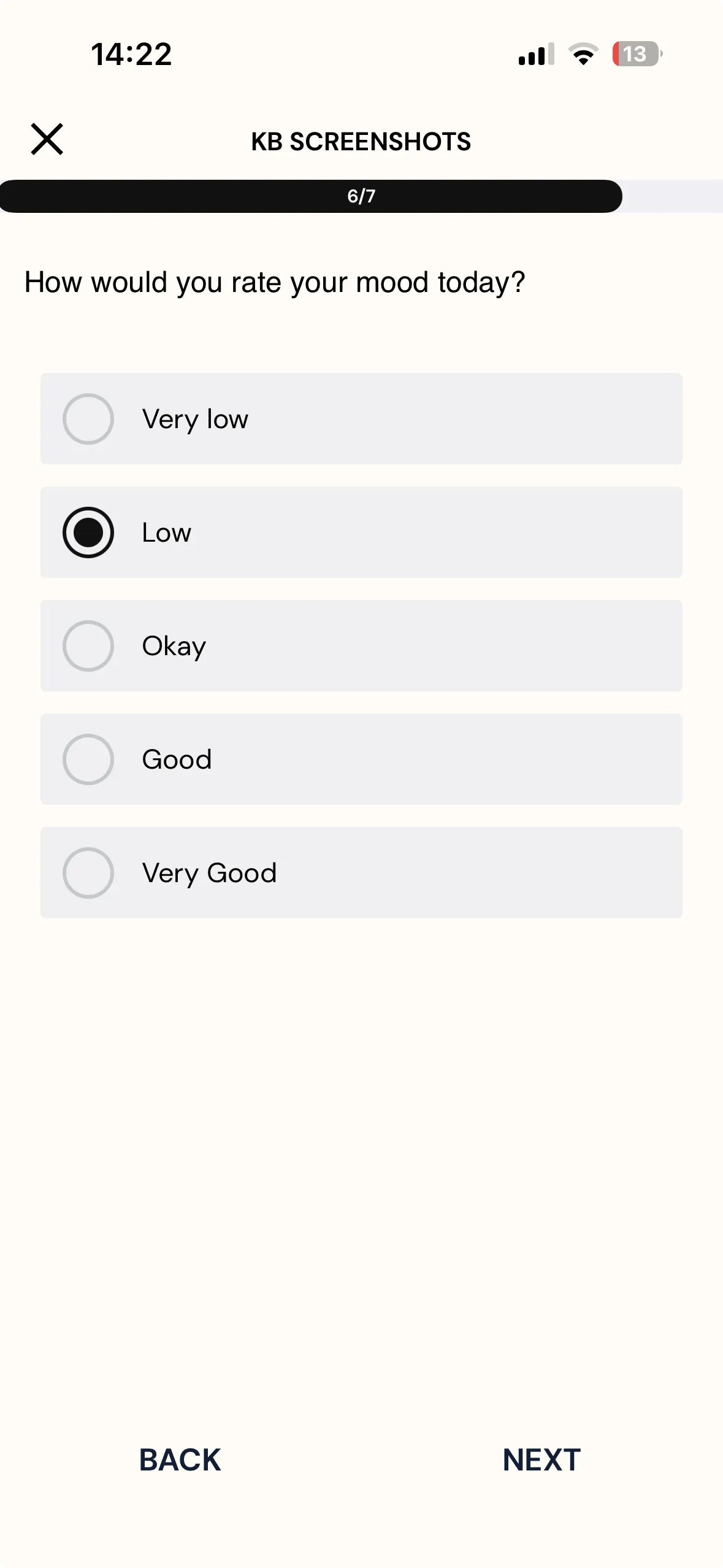 The ExpiWell mobile app showing question six of seven asking how the participant would rate their mood today, with five options from Very low to Very Good and Low selected