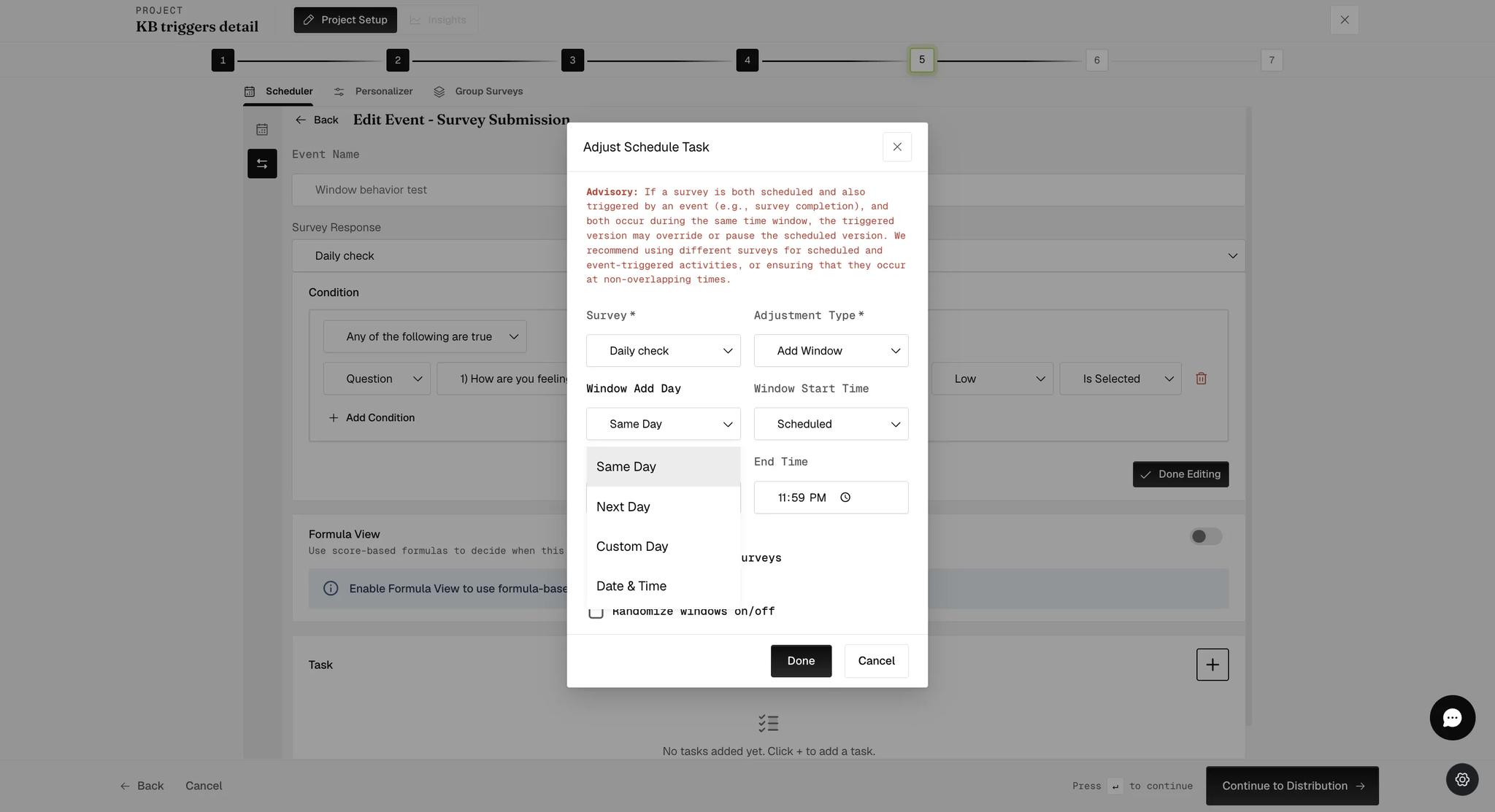 The Window Add Day dropdown open on an Add Window task, listing Same Day, Next Day, Custom Day and Date and Time