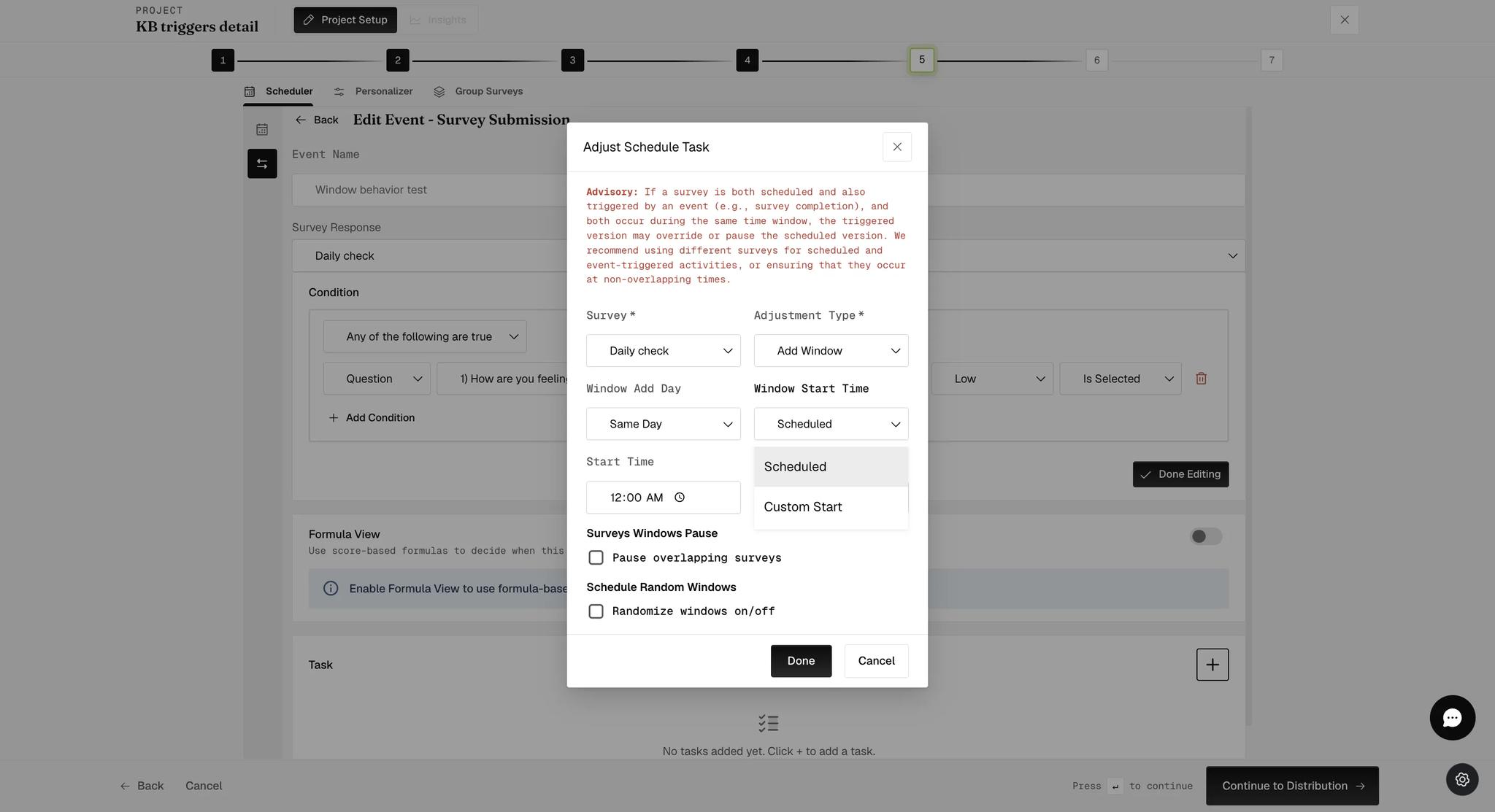 The Window Start Time dropdown open, offering Scheduled and Custom Start, beside a Window Add Day set to Same Day