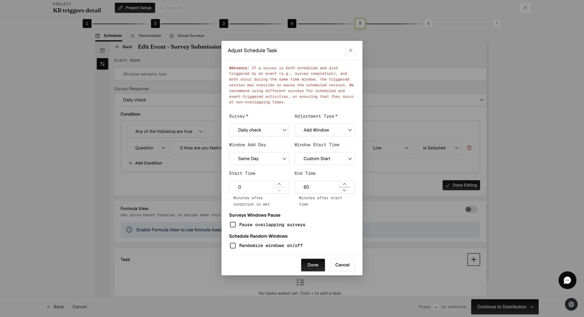 An Add Window task with Window Start Time set to Custom Start, where the Start Time field is labeled minutes after condition is met and the End Time field minutes after start time