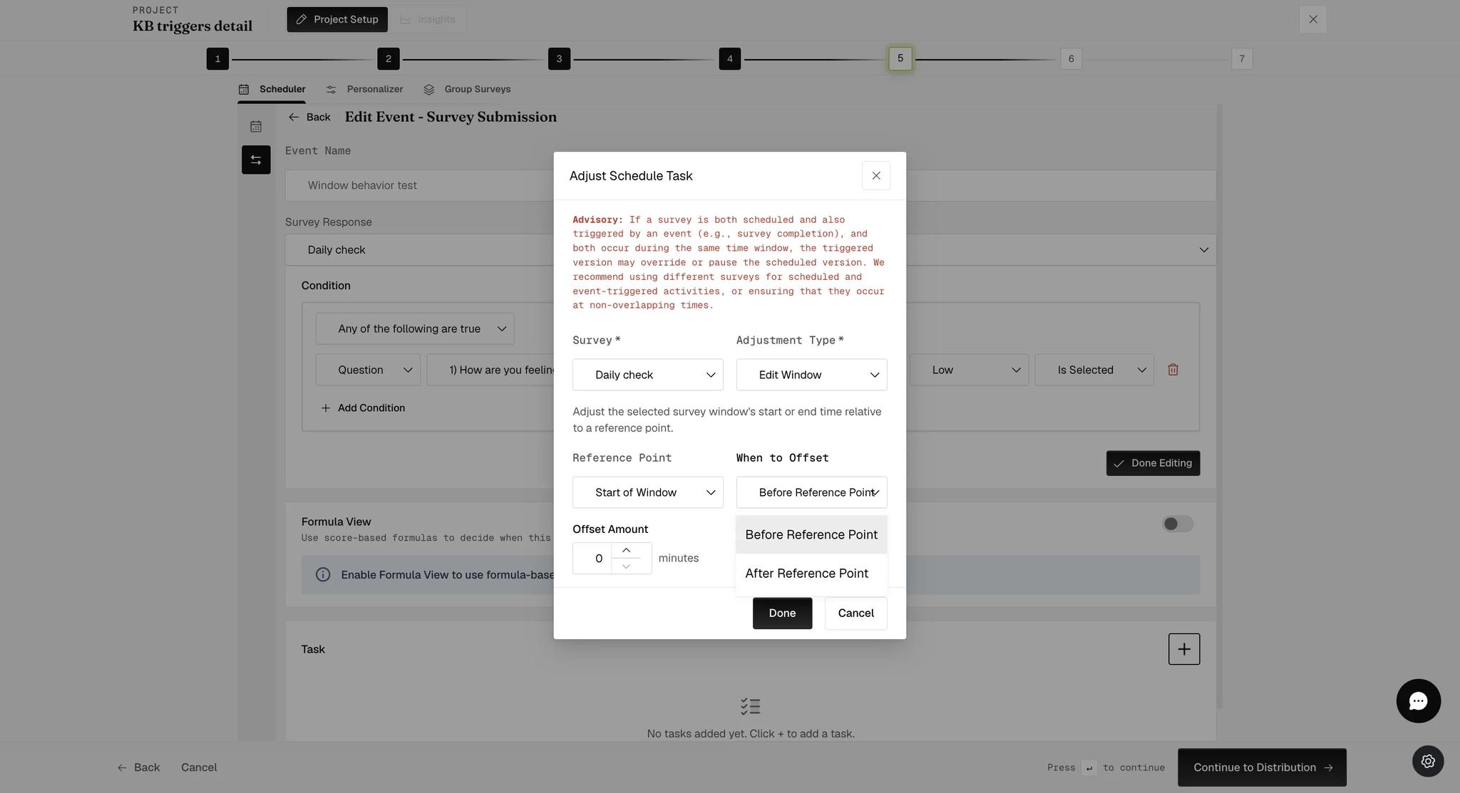 An Edit Window task described as adjusting a survey window's start or end time relative to a reference point, with a Reference Point dropdown, a When to Offset dropdown open on Before and After Reference Point, and an Offset Amount in minutes