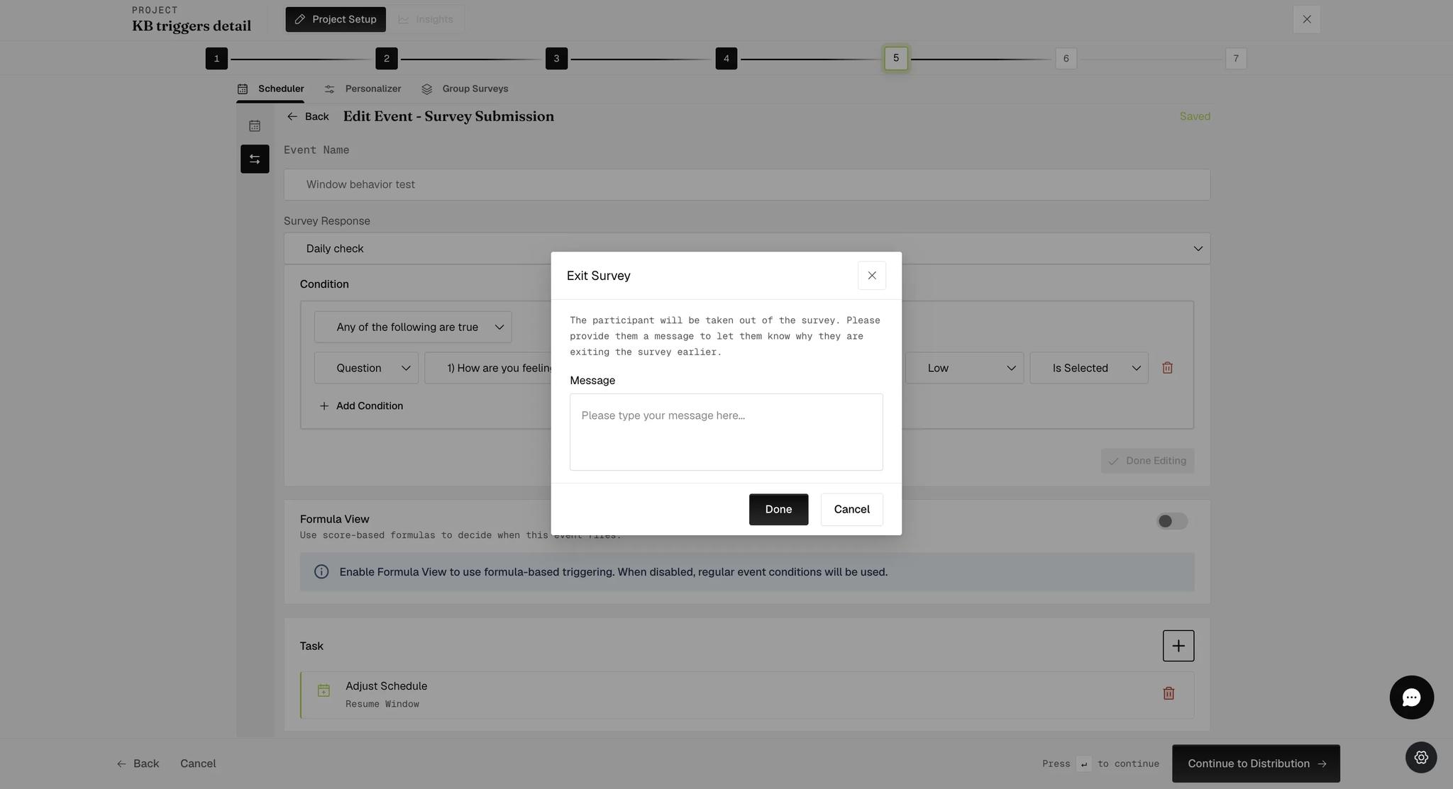 An Exit Survey dialog explaining that the participant will be taken out of the survey and asking for a message telling them why they are exiting early, above an empty message field