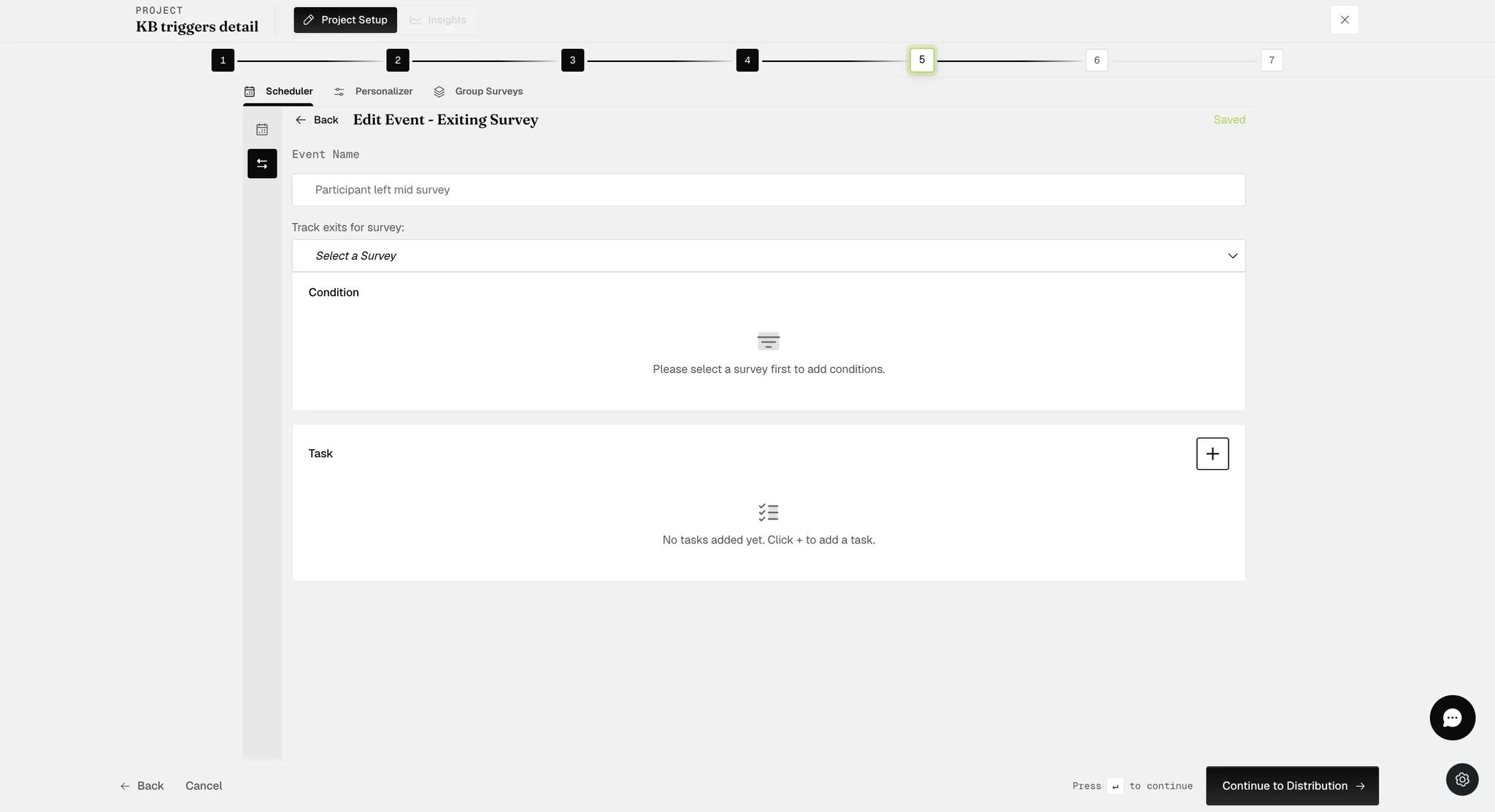 The Edit Event screen for an Exiting Survey event, headed Track exits for survey with a survey picker, above an empty Condition section and an empty Task section
