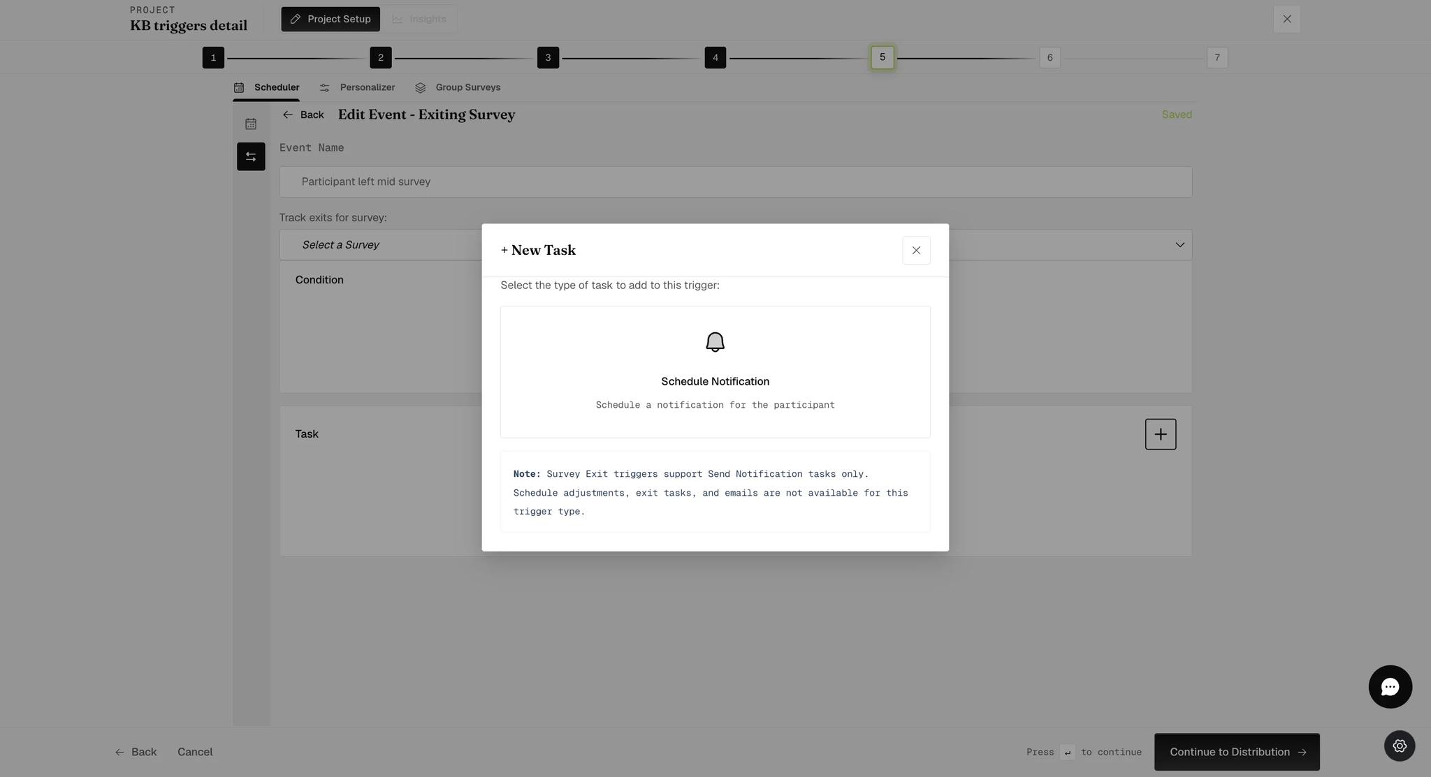 The New Task pop-up on an Exiting Survey event offering only Schedule Notification, above a note that Survey Exit triggers support Send Notification tasks only and that schedule adjustments, exit tasks and emails are not available for this trigger type