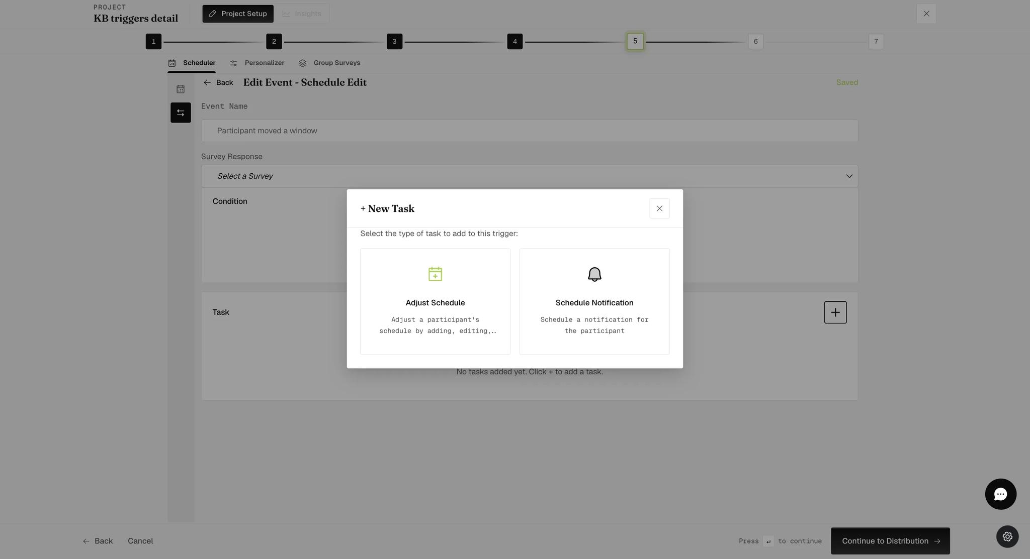 The New Task pop-up on a Schedule Edit event offering only two choices, Adjust Schedule and Schedule Notification