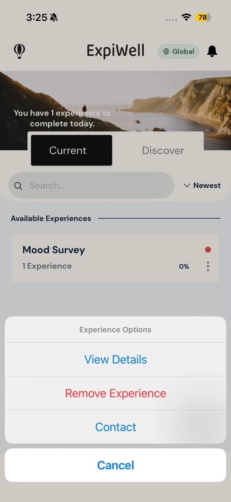 The Experience Options sheet on iPhone, opened from the Mood Survey card on the Current tab, listing View Details, Remove Experience, Contact and Cancel