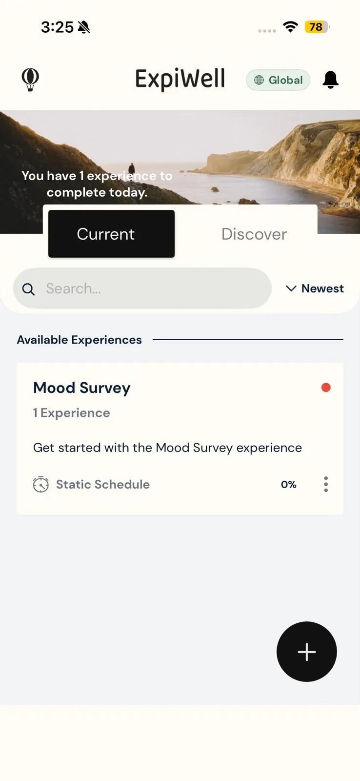 The Mood Survey card expanded on iPhone, showing the line Get started with the Mood Survey experience and the schedule type Static Schedule