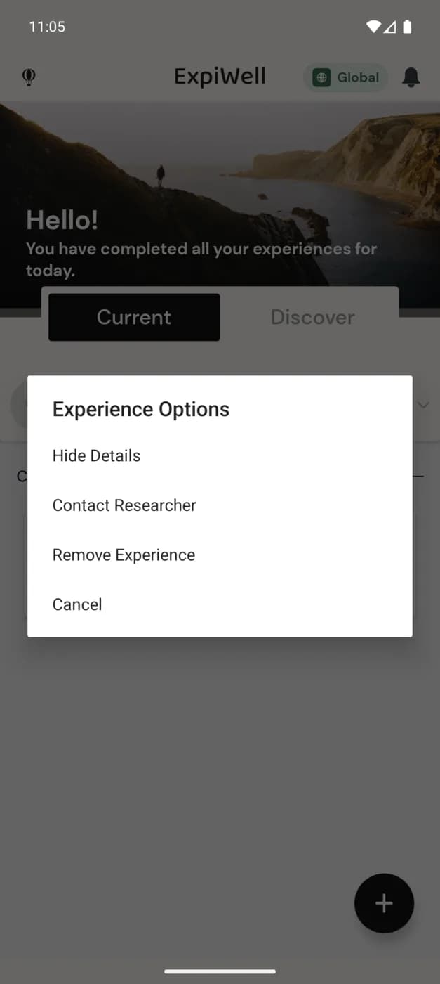 The Experience Options menu: Hide Details, Contact Researcher, Remove Experience, and Cancel