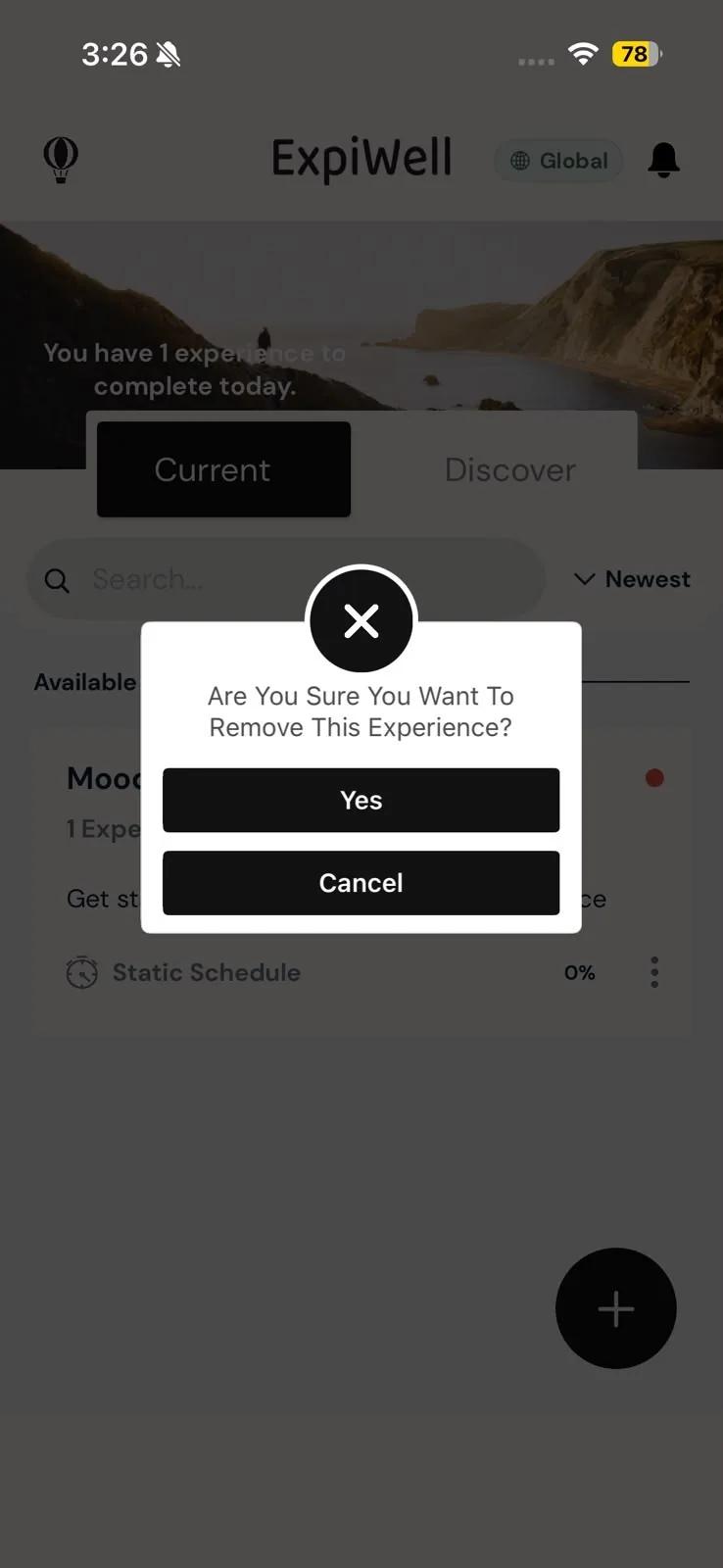 A popup on iPhone asking Are You Sure You Want To Remove This Experience?, with Yes and Cancel buttons