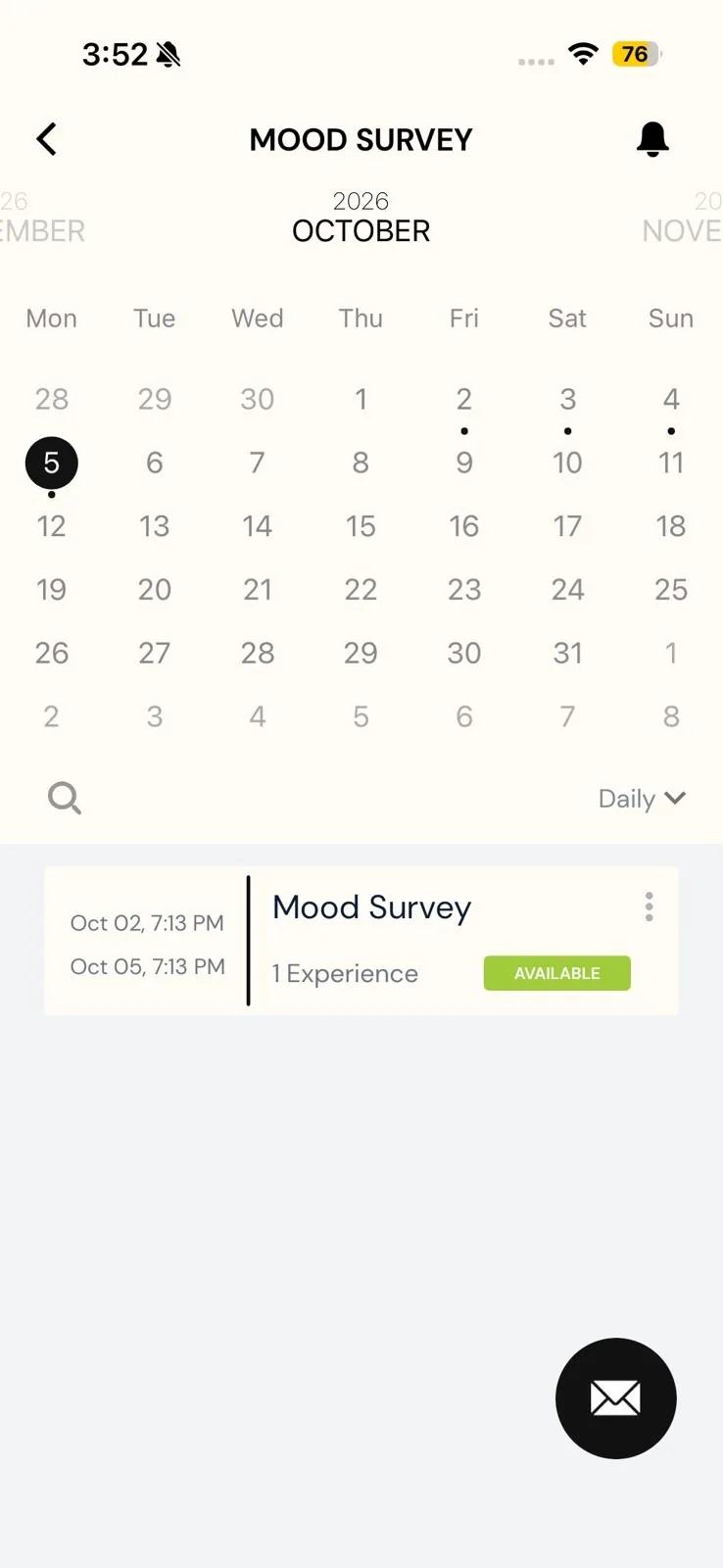 The Mood Survey study open on iPhone in the Daily view: an October calendar with dots under the days that have a survey, and below it a Mood Survey row with its window from Oct 02 to Oct 05, an Available badge and a three-dot options icon