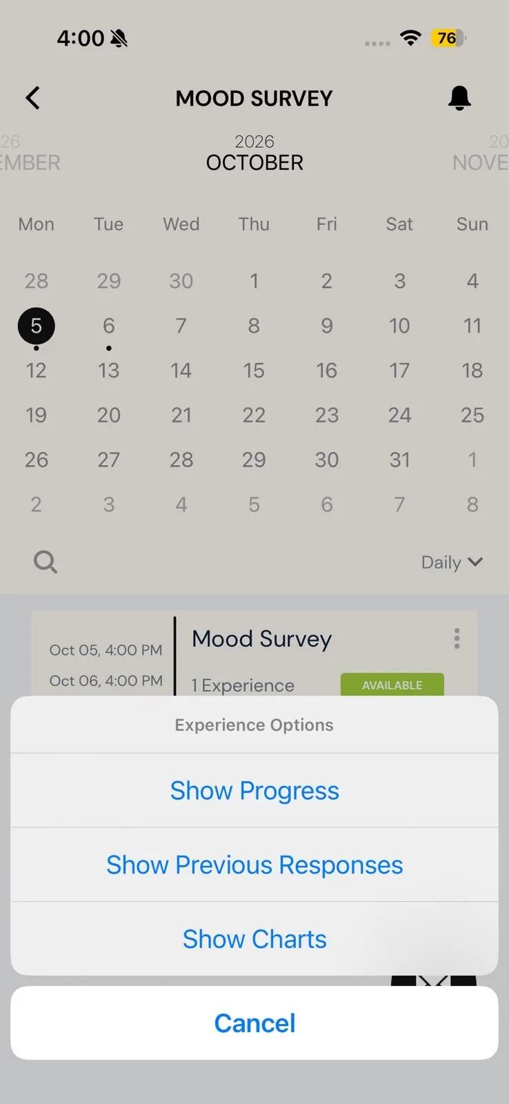 The Experience Options sheet for the Mood Survey row on iPhone, listing Show Progress, Show Previous Responses, Show Charts and Cancel