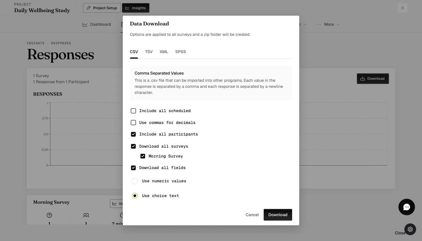 The Data Download modal with CSV, TSV, XML, and SPSS formats and options for participants, surveys, fields, and numeric vs choice-text values