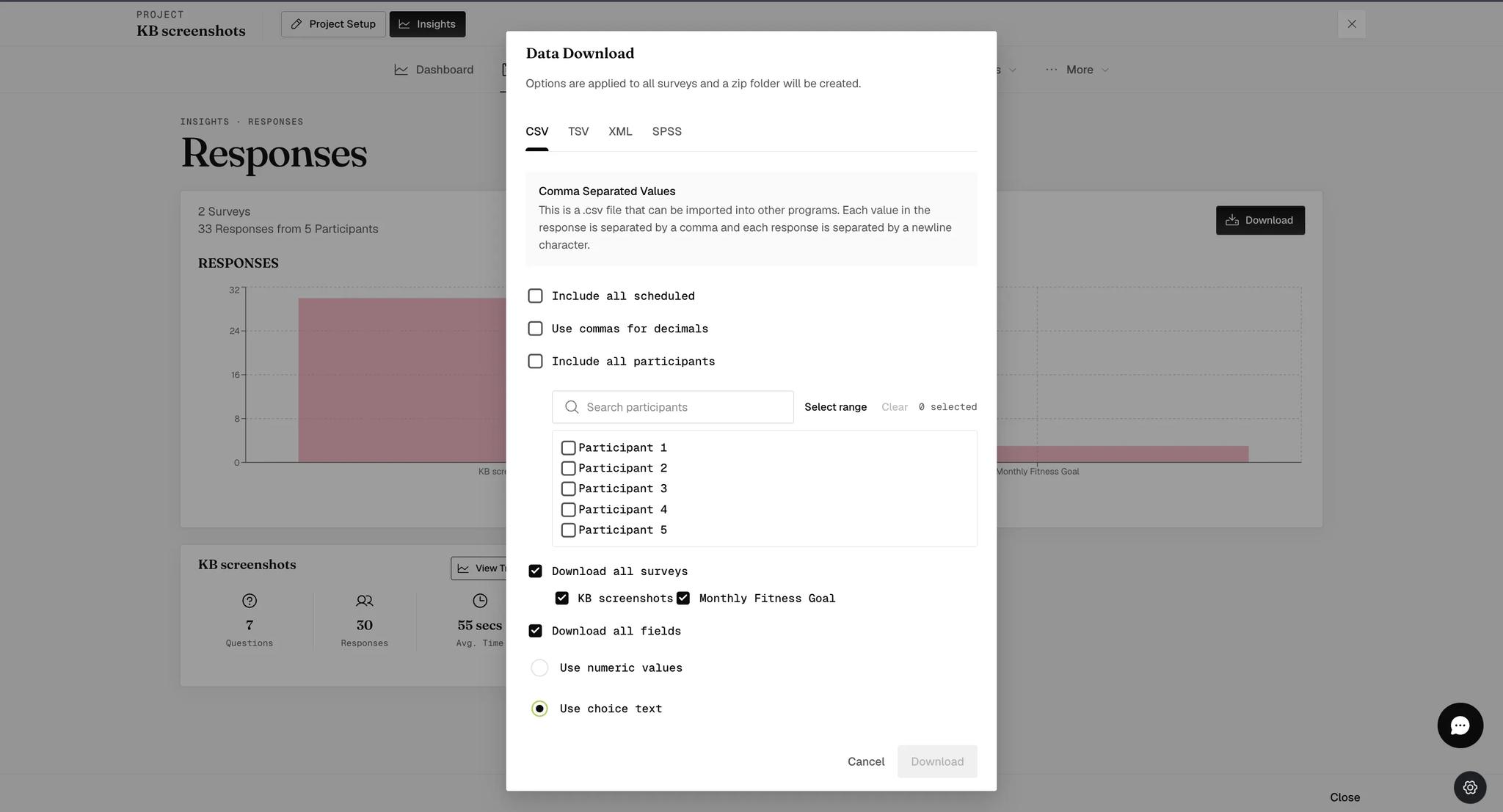 The Data Download dialog with Include all participants unticked, revealing a participant search box, a Select range shortcut, a count reading 0 selected, and a checkbox list of five participants, with the Download button grayed out