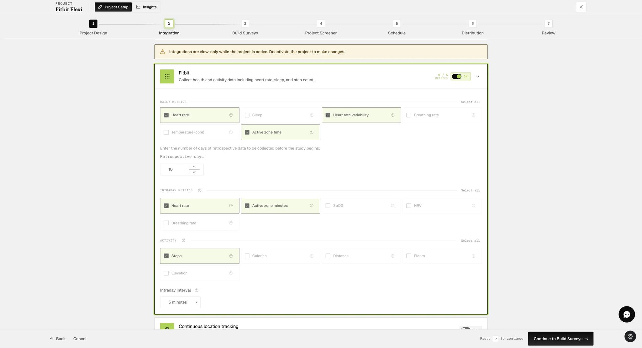 The Fitbit card in project setup showing daily metrics, a retrospective days field, intraday metrics and activity metrics as three separate groups, six selected against a six-metric limit, and an intraday interval set to 5 minutes
