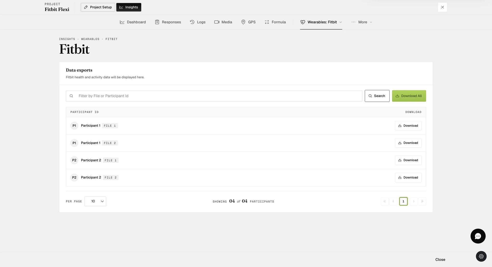 The Insights Fitbit page with a participant filter and a Download All button across the top, above four export rows spanning two participants, each tagged FILE 1 or FILE 2 with its own Download button
