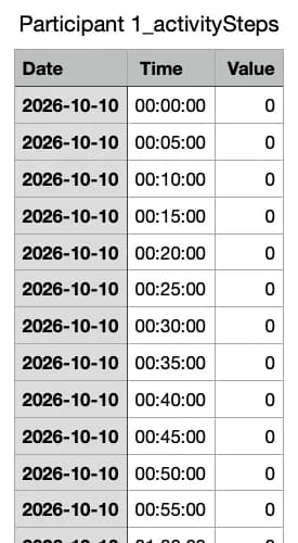 The first rows of an intraday steps file, with Date, Time and Value columns and a row for every five minutes from midnight