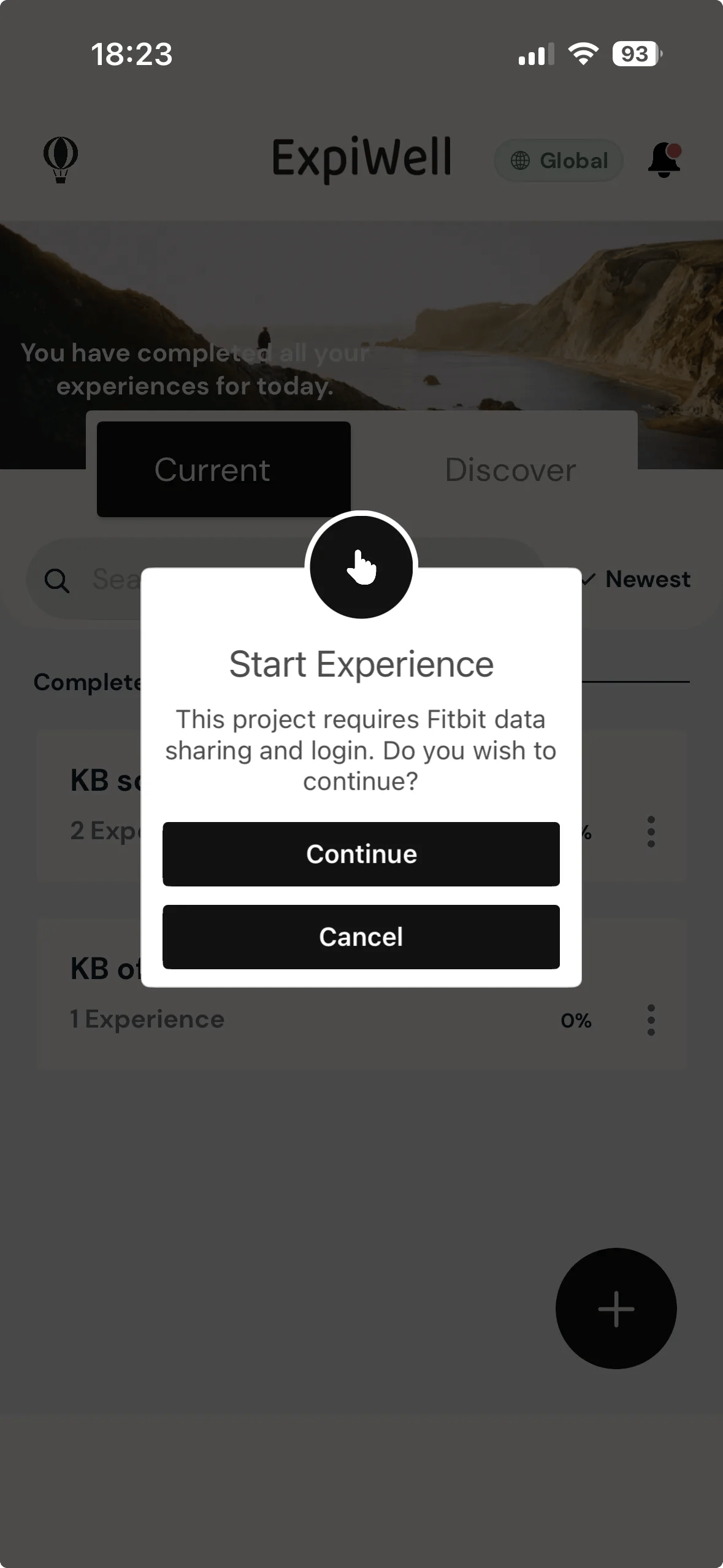 A Start Experience dialog on a phone saying the project requires Fitbit data sharing and login, with Continue and Cancel buttons