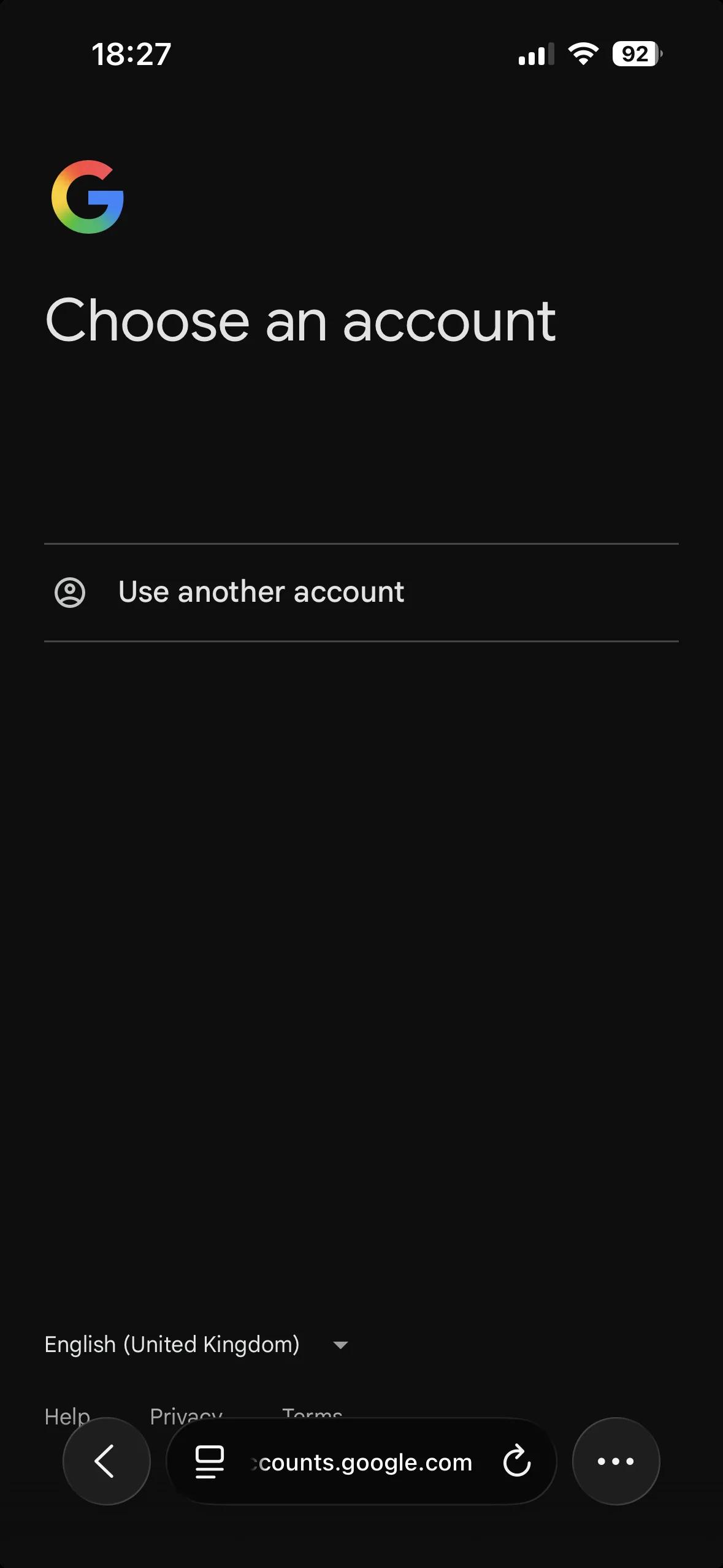A Google Choose an account screen on a phone showing only a Use another account option, served from accounts.google.com