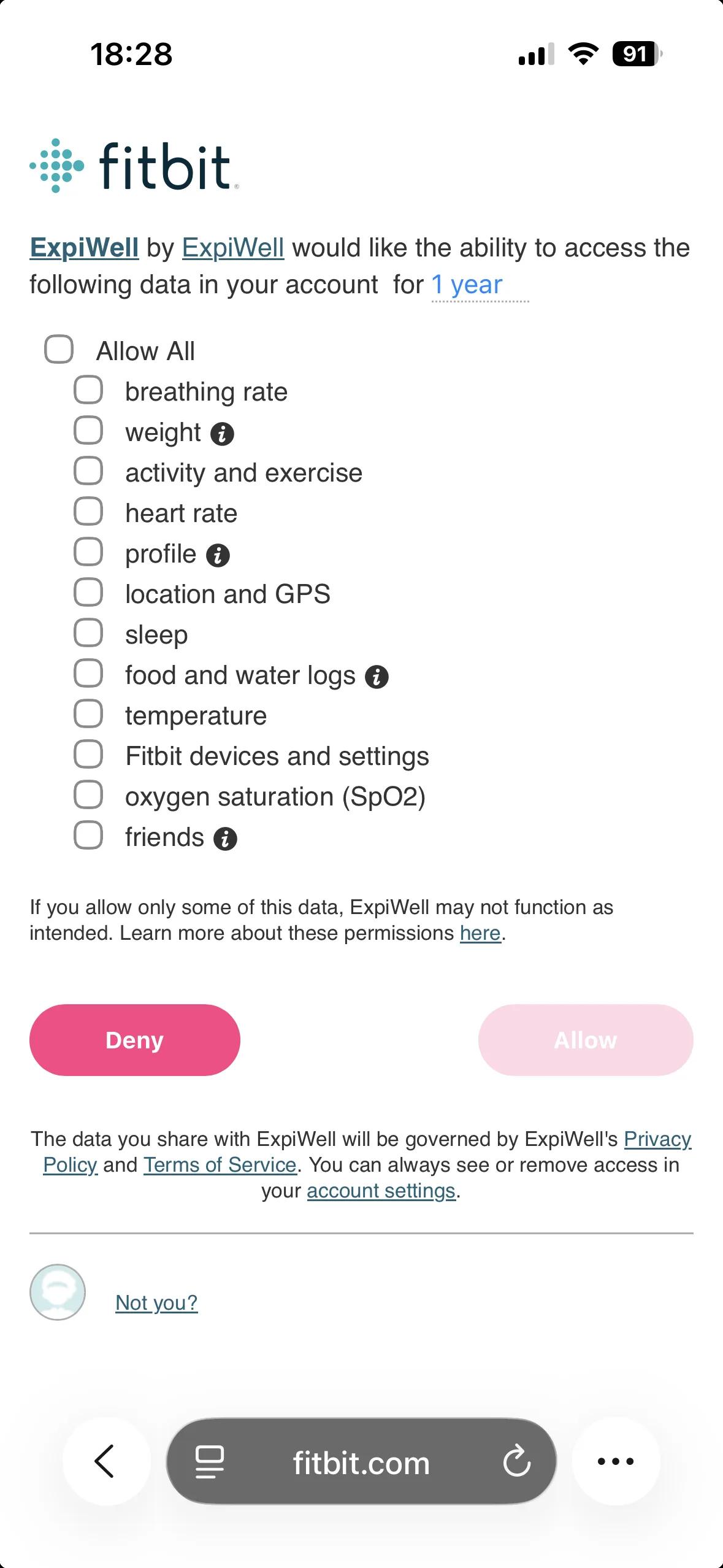 Fitbit's permission screen on a phone, listing twelve data types with an Allow All checkbox, a one-year access period, and Deny and Allow buttons with Allow grayed out